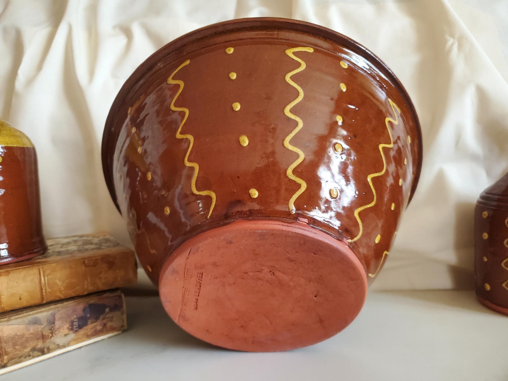 Large Redware 11 inch Bowl with Squiggles and Dots Pattern
