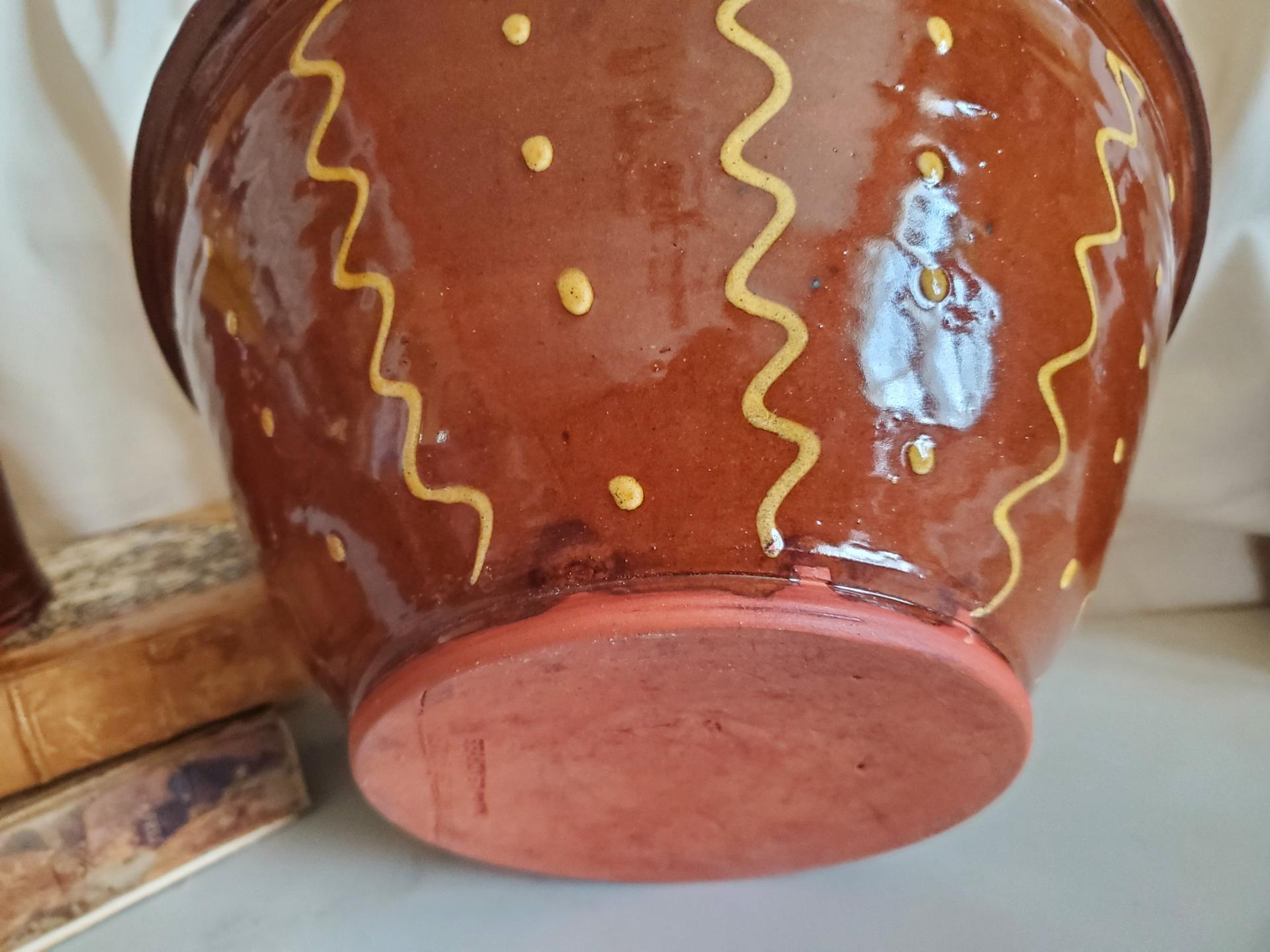 Large Redware 11 inch Bowl with Squiggles and Dots Pattern