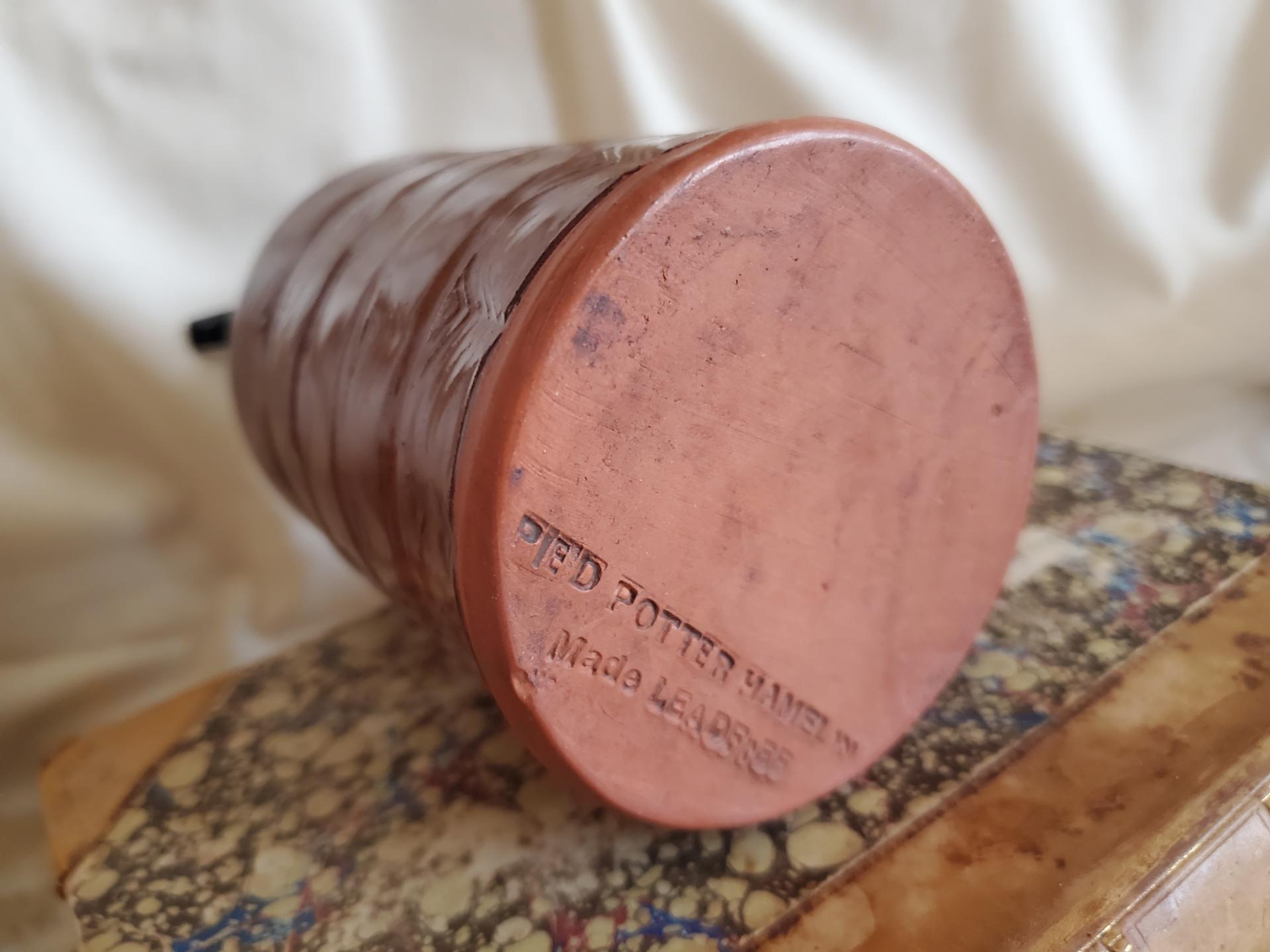 Redware Soap Dispenser, Wheel-Thrown, Antiqued, Incised Pattern