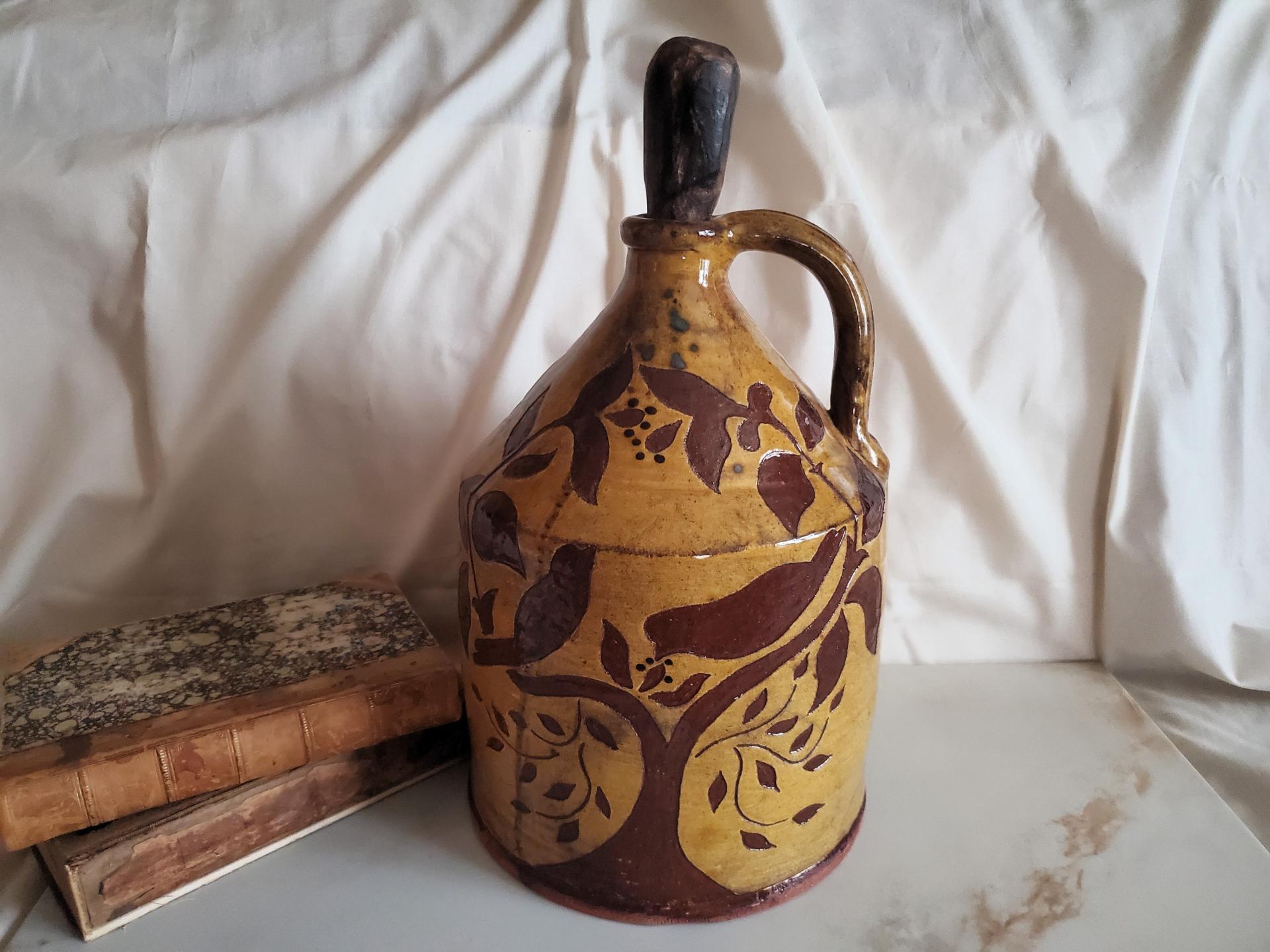 Redware Jug with Sgraffito Decoration, Wheel Thrown Pottery