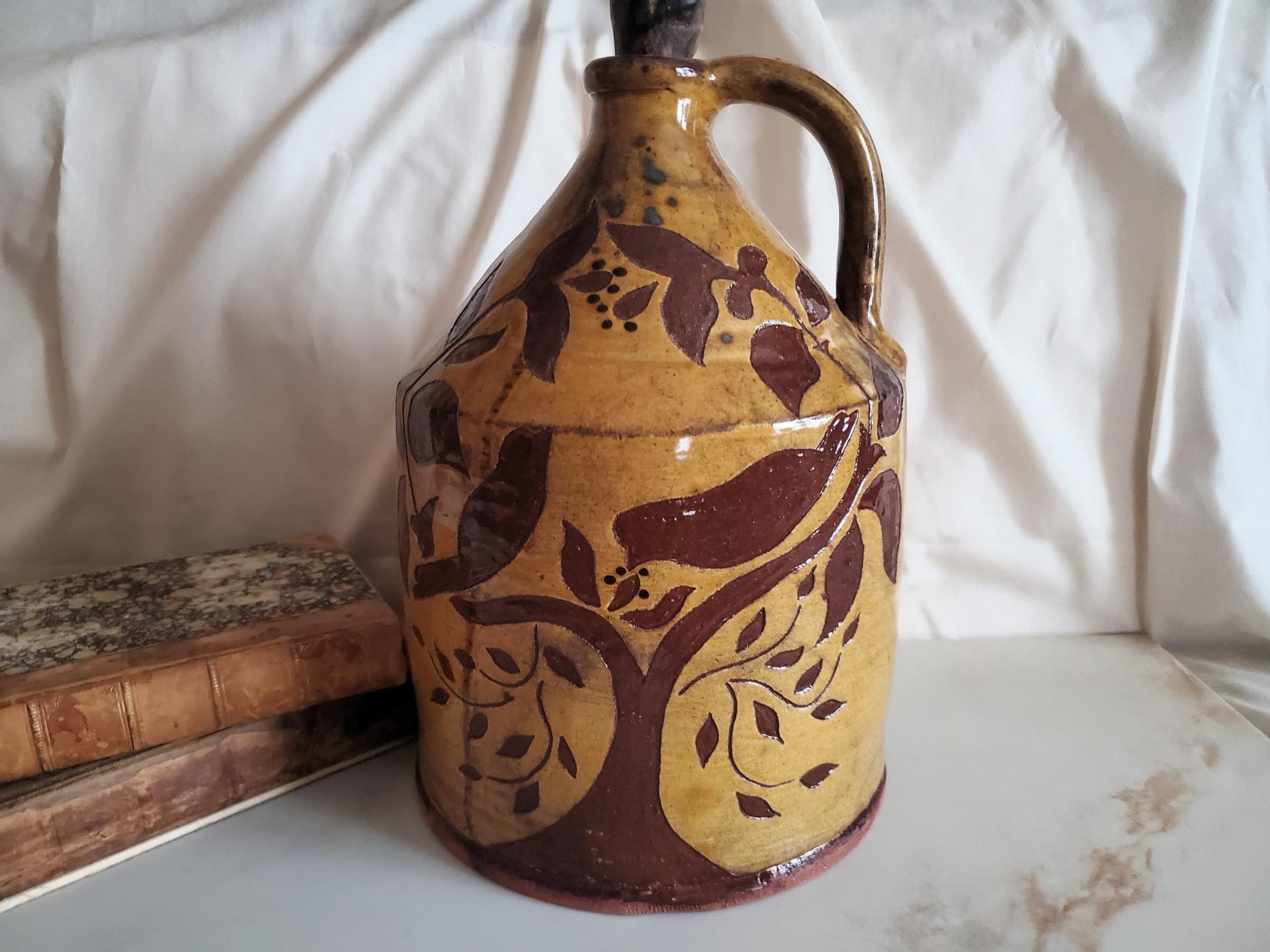 Redware Jug with Sgraffito Decoration, Wheel Thrown Pottery