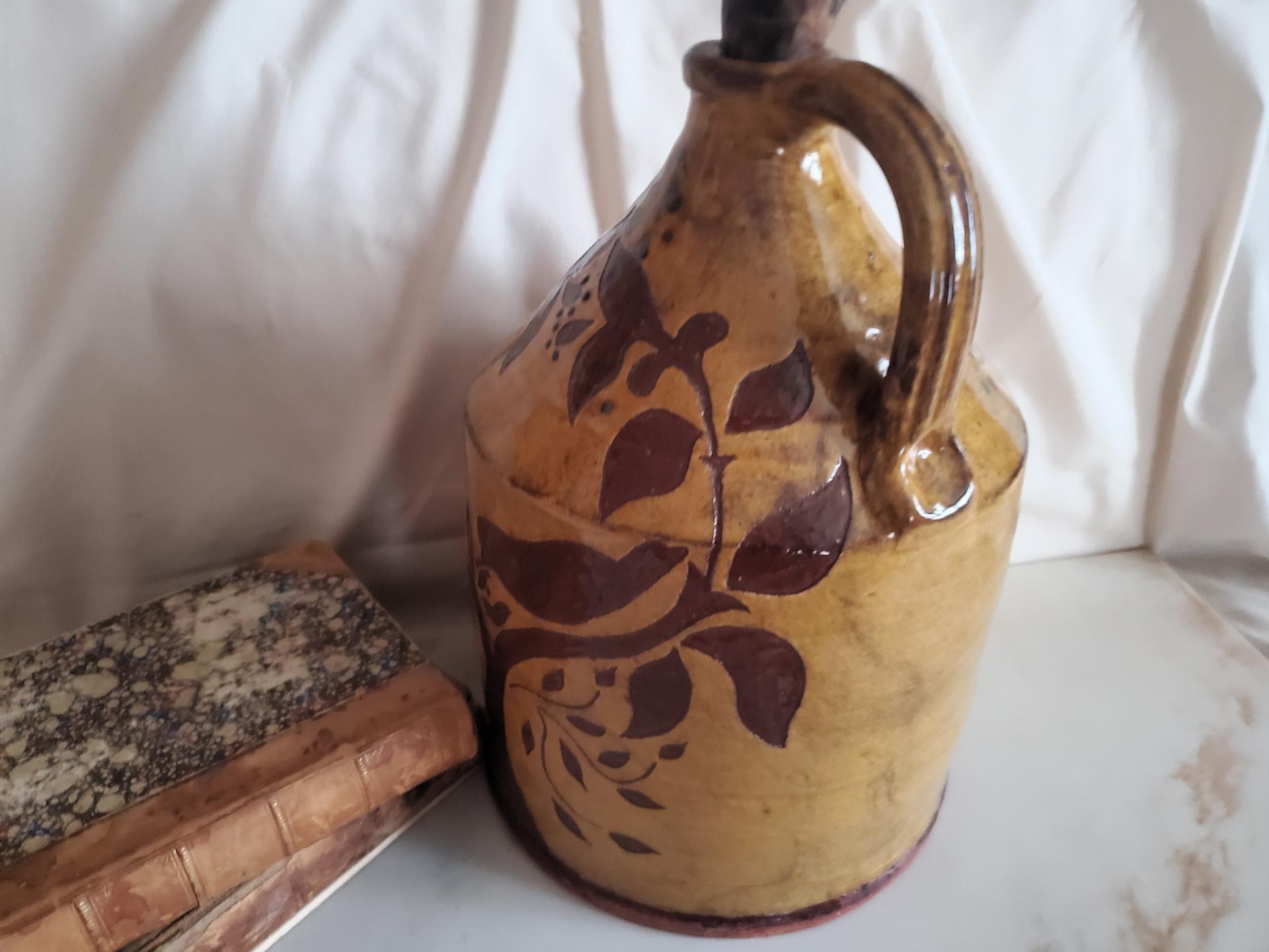 Redware Jug with Sgraffito Decoration, Wheel Thrown Pottery