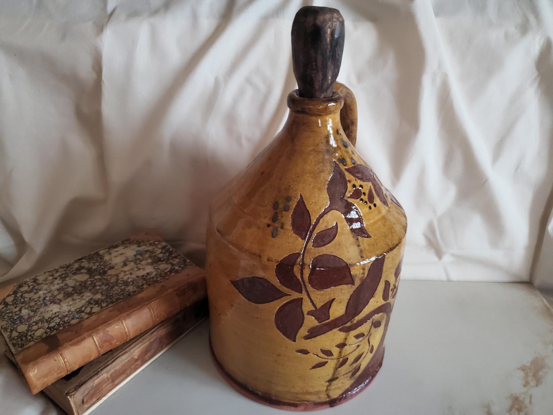 Redware Jug with Sgraffito Decoration, Wheel Thrown Pottery