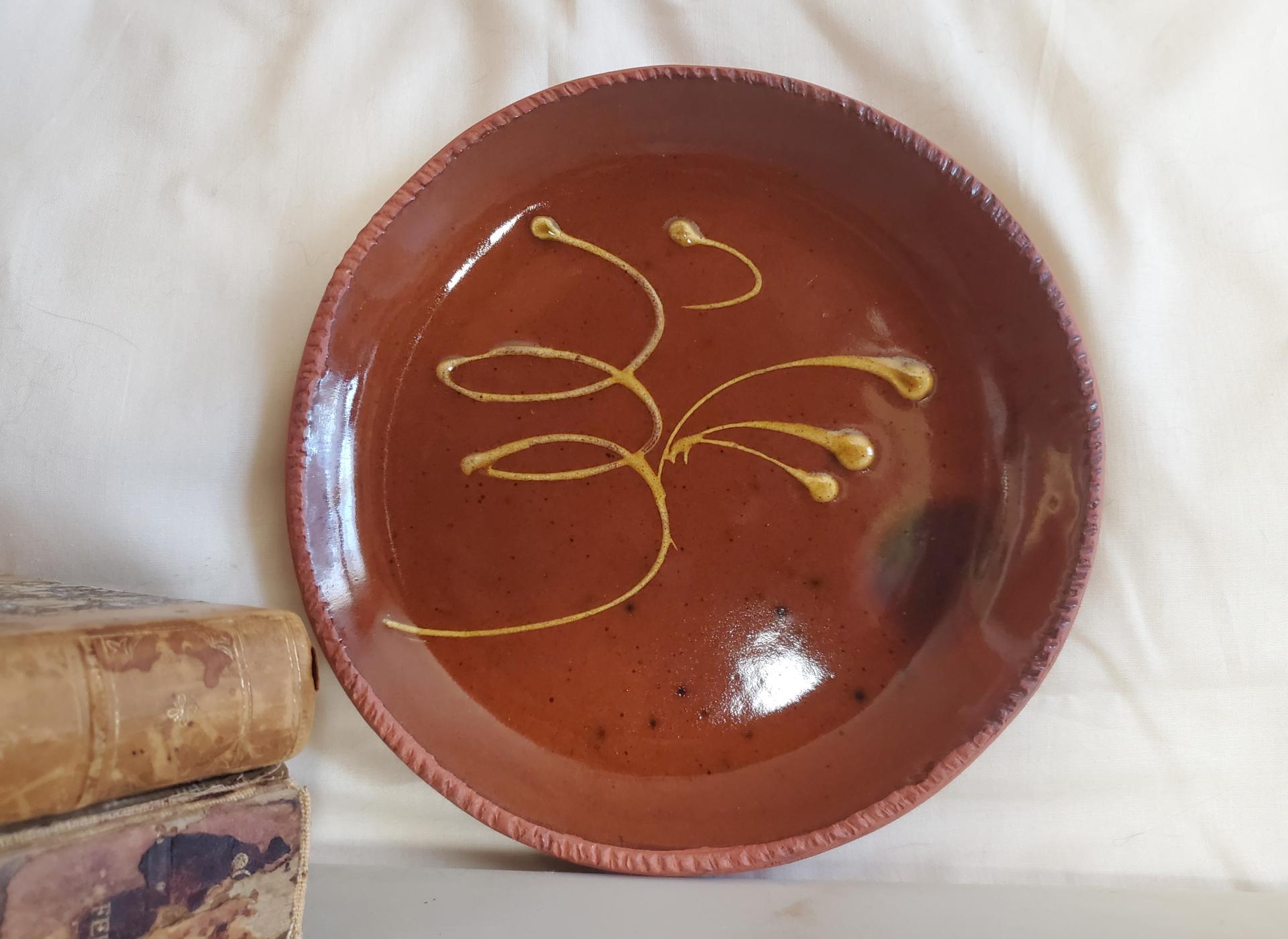 Redware 9 in. Plate with Feather Pattern, Antiqued