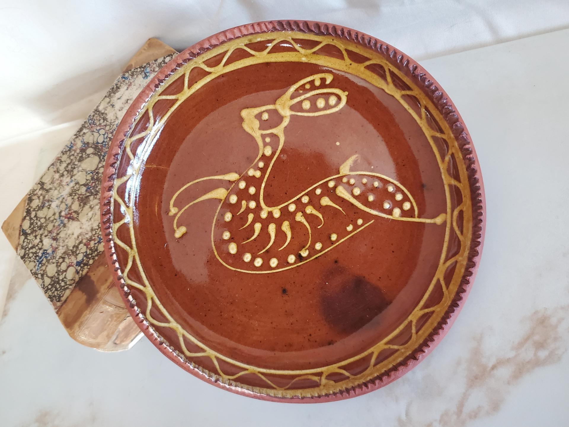 Redware 9 in. Plate with Rabbit Pattern, Antiqued