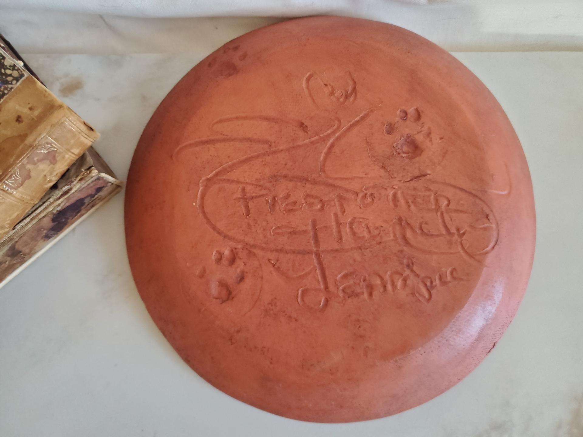 Redware 9 in. Plate with Rabbit Pattern, Antiqued