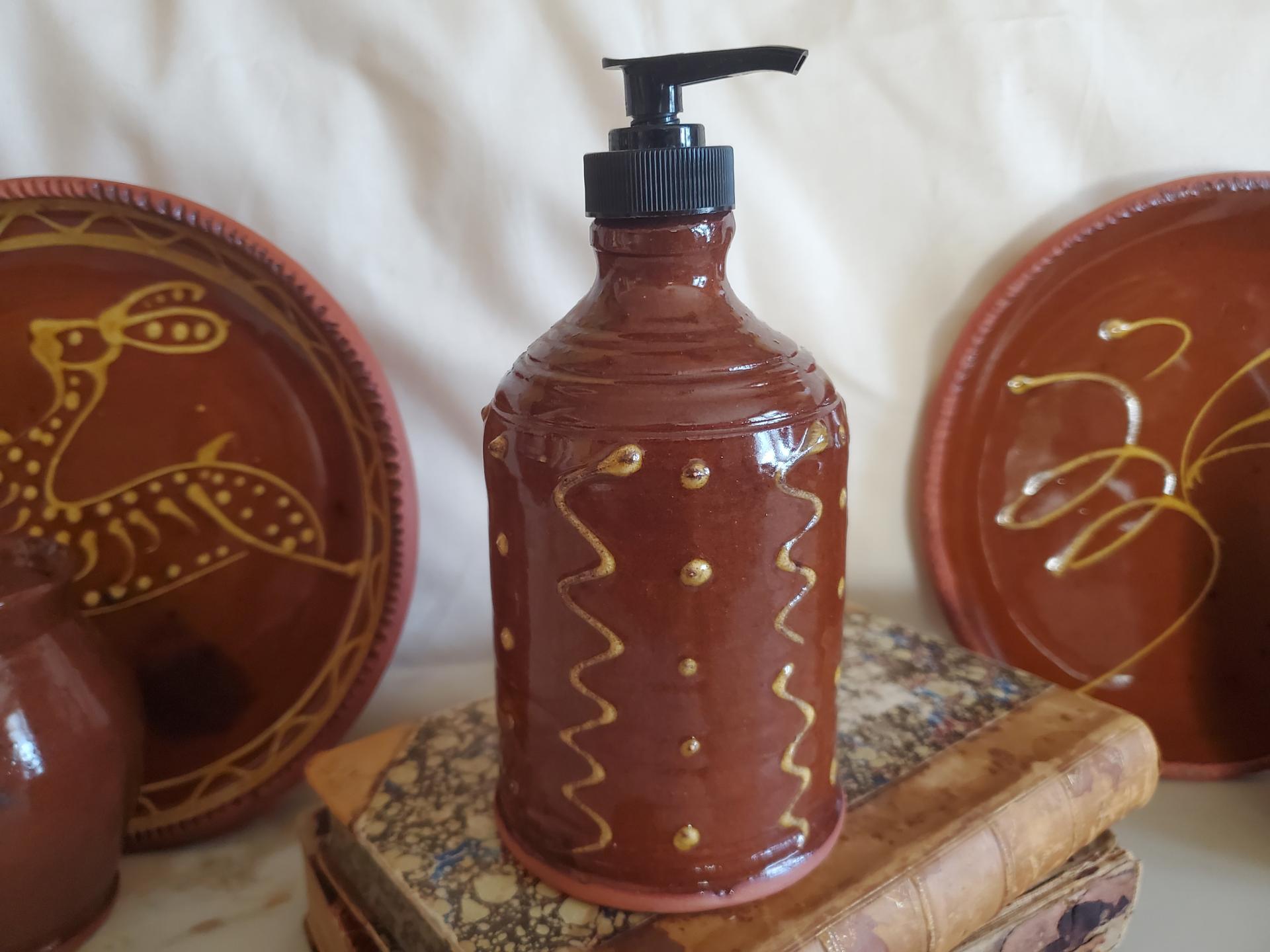 Redware Soap or Lotion Dispenser Bottle with Squiggles and Dots