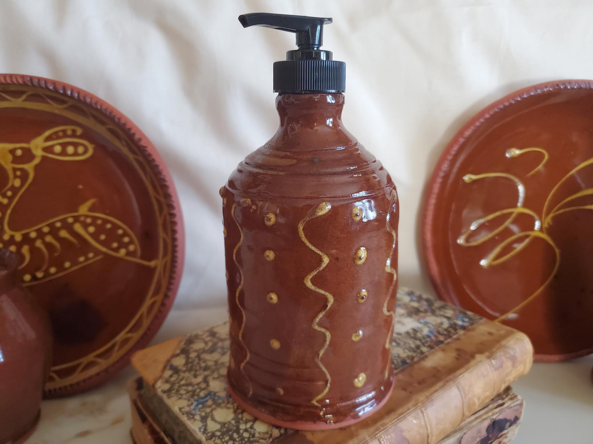 Redware Soap or Lotion Dispenser Bottle with Squiggles and Dots