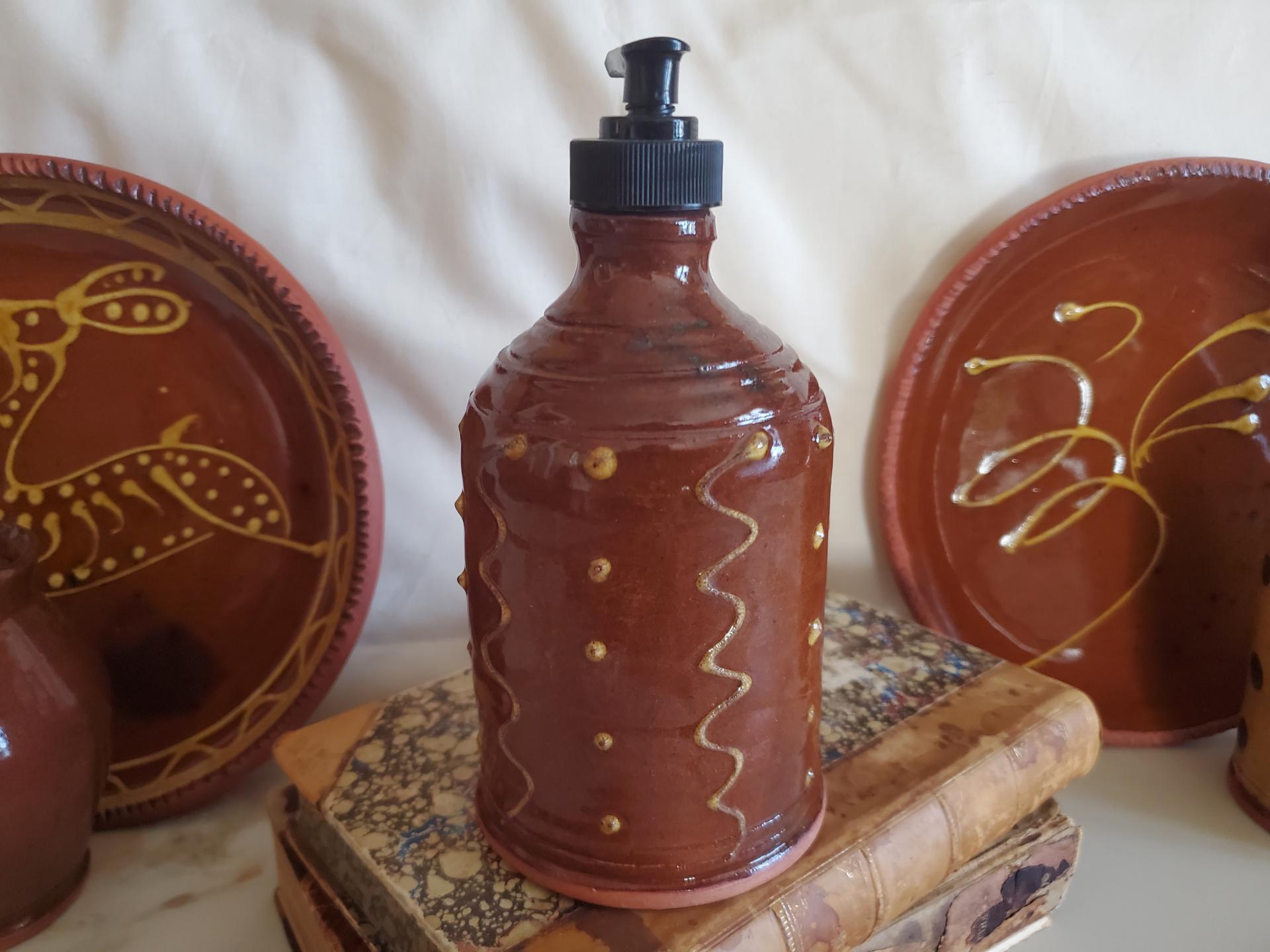 Redware Soap or Lotion Dispenser Bottle with Squiggles and Dots