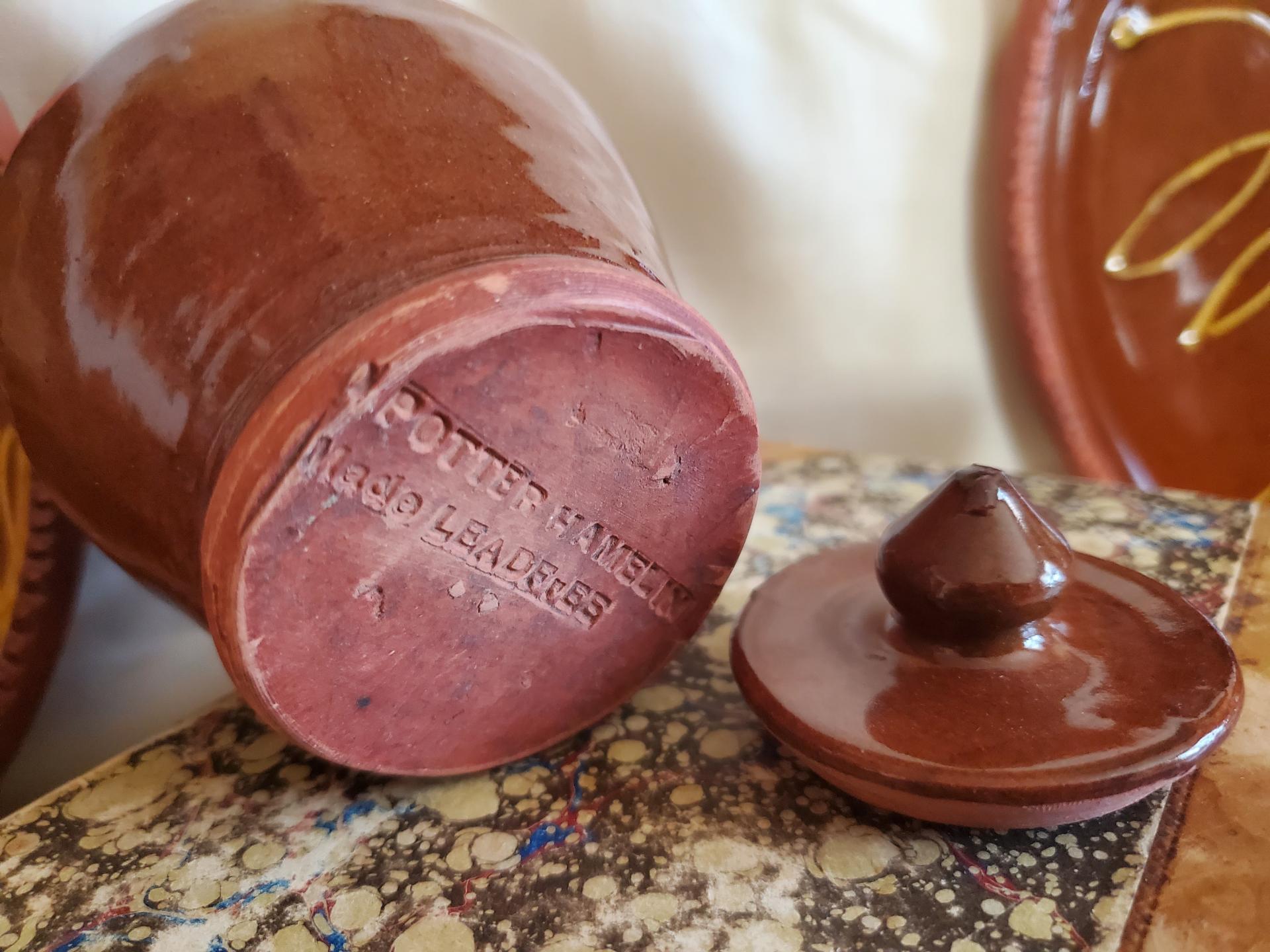 Redware 5 in Storage Jar with Spangles and Acorn Finial