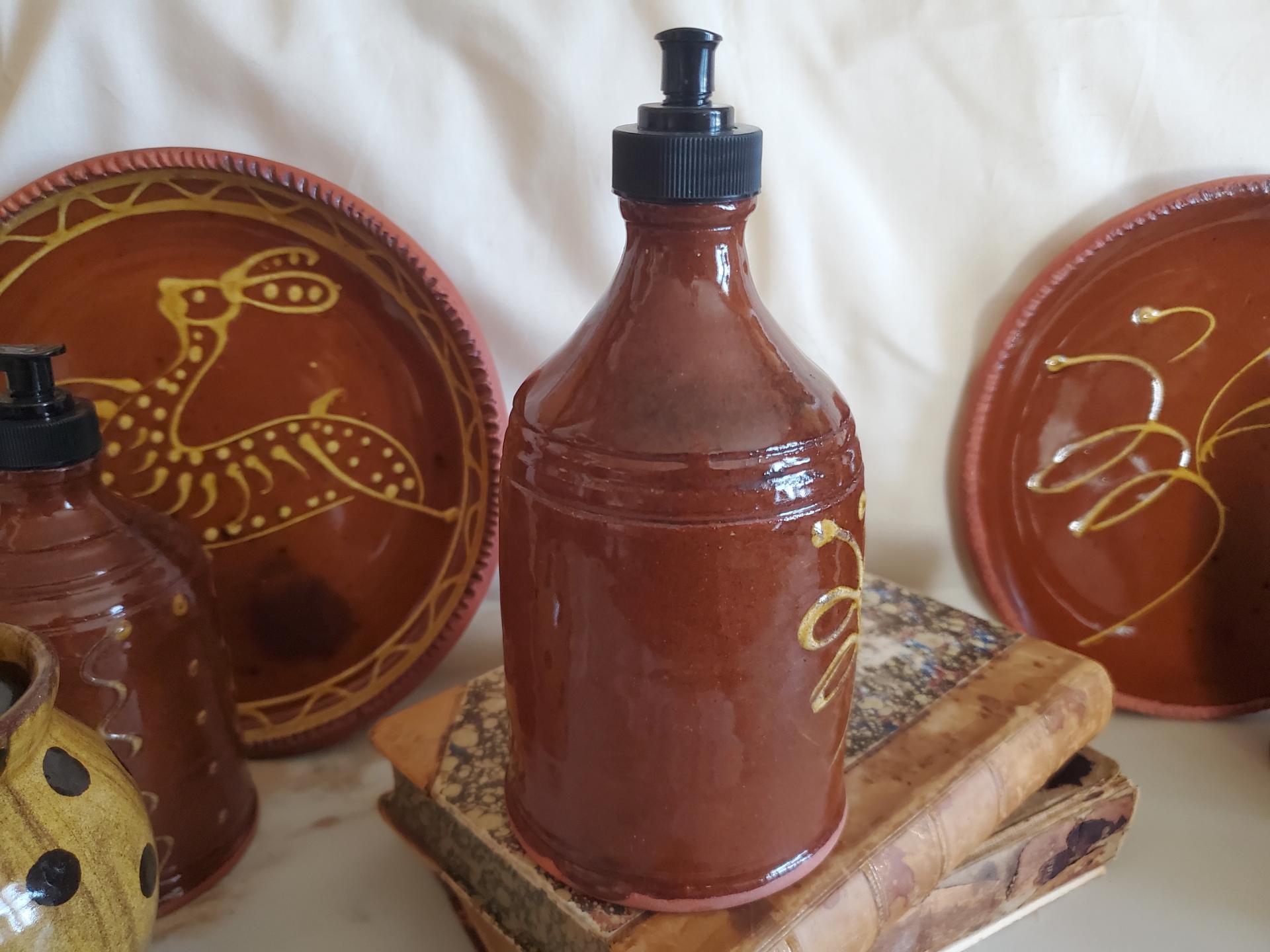 Redware Soap or Lotion Dispenser Bottle with Feather Pattern