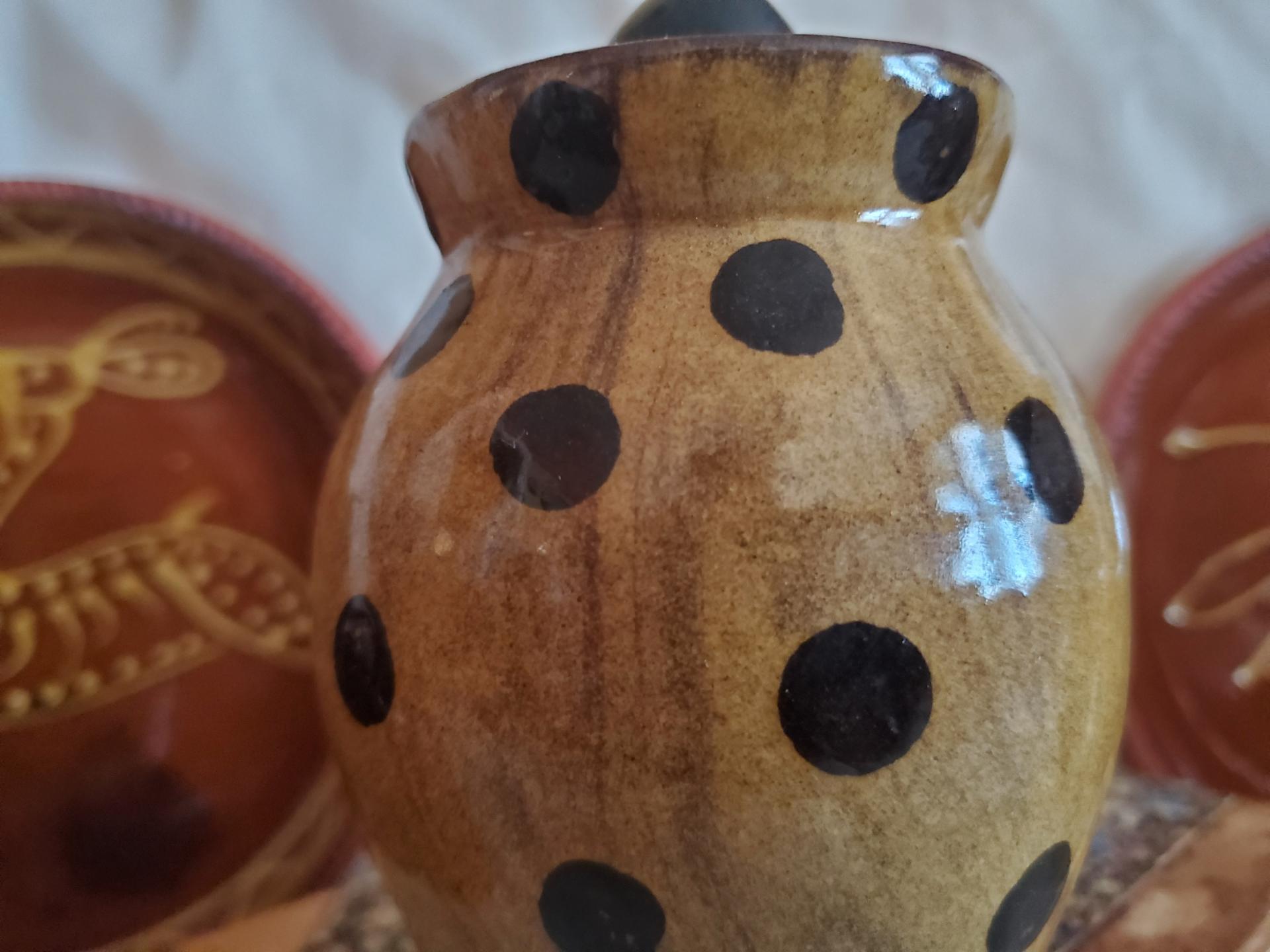 Redware 5 in Storage Jar with Black Dots and Acorn Finial