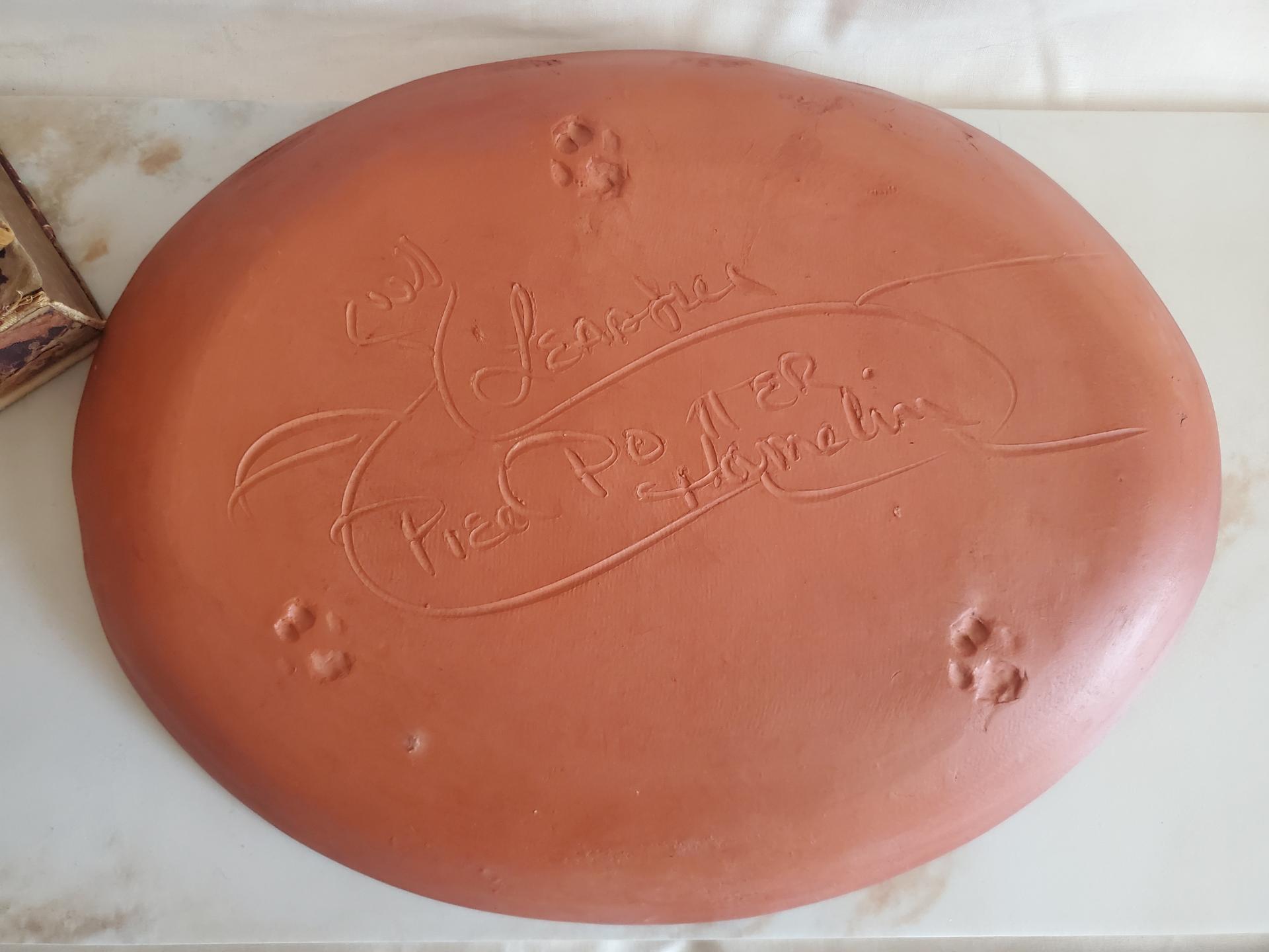 Oval Redware Platter with Whimsical Rabbit Motif