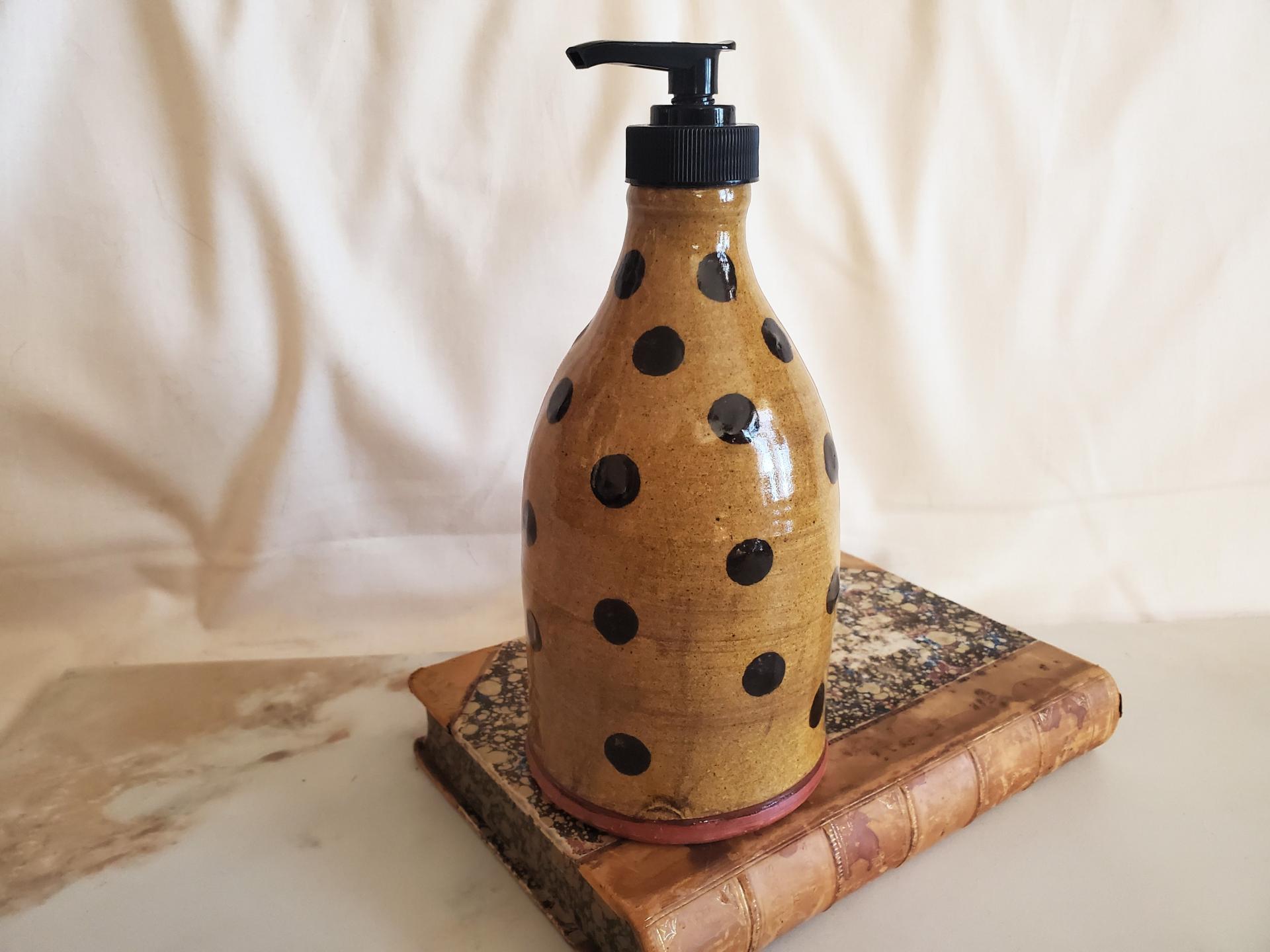 Redware Soap or Lotion Dispenser Bottle with Black Dots
