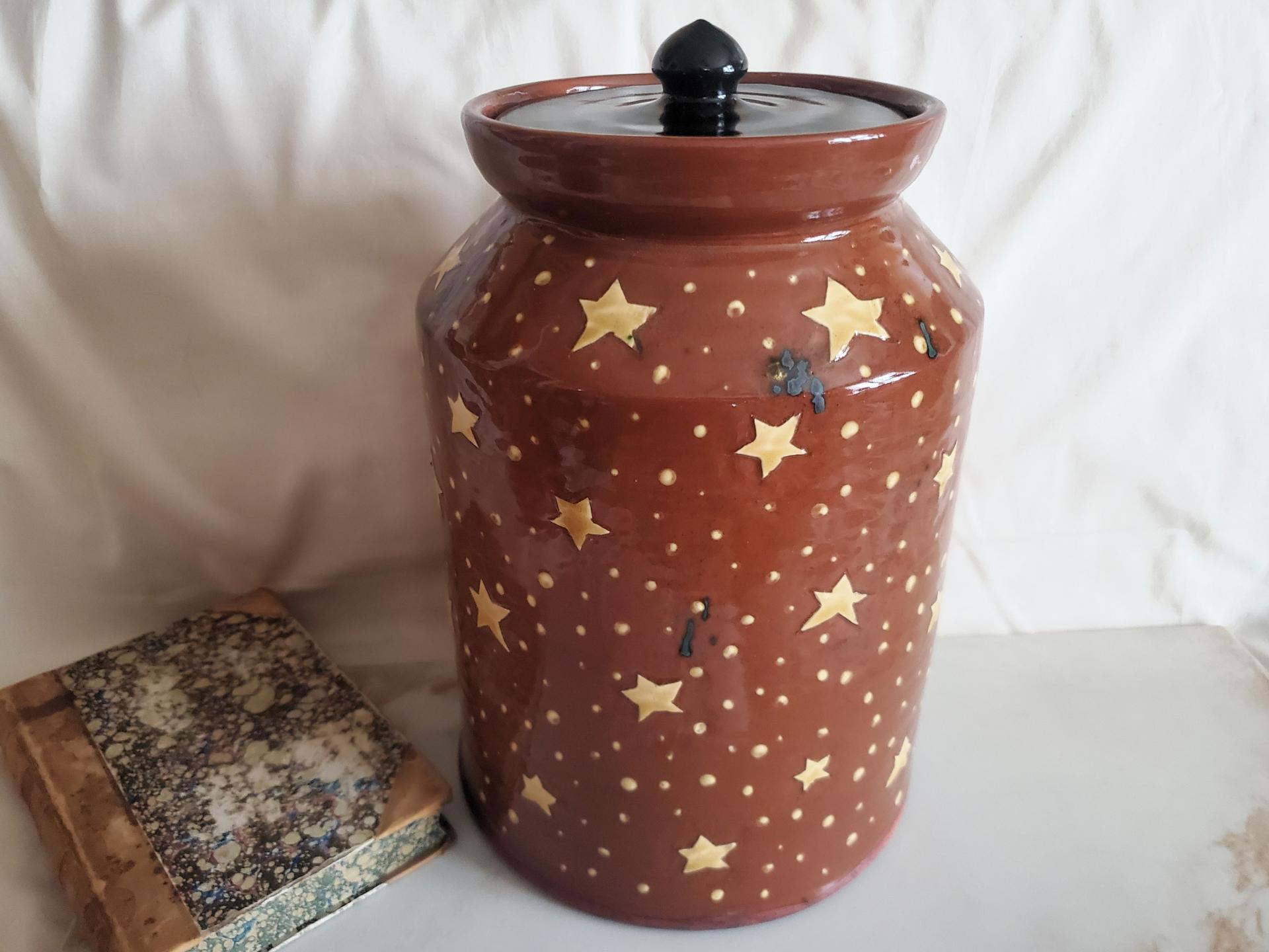 Unique Large Redware Jar, Angel with Moon and Sun Sgrafitto Motif