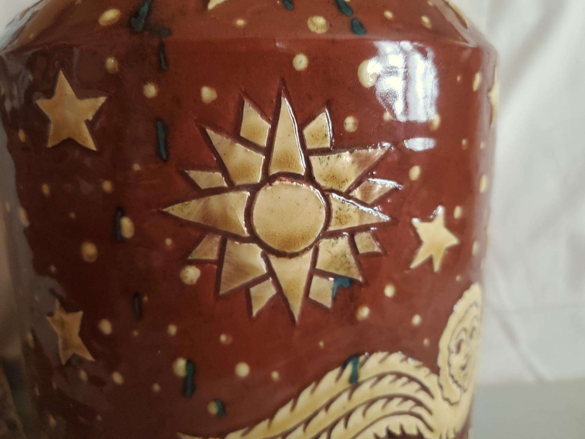 Unique Large Redware Jar, Angel with Moon and Sun Sgrafitto Motif