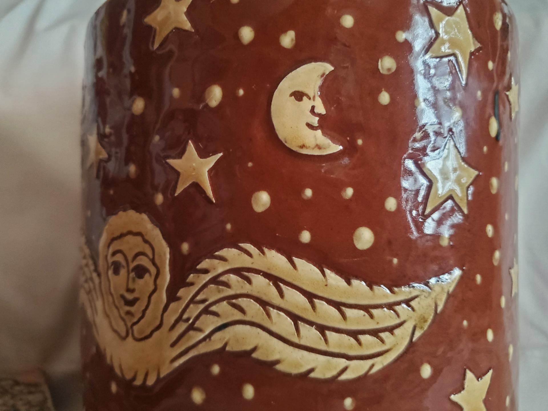 Unique Large Redware Jar, Angel with Moon and Sun Sgrafitto Motif