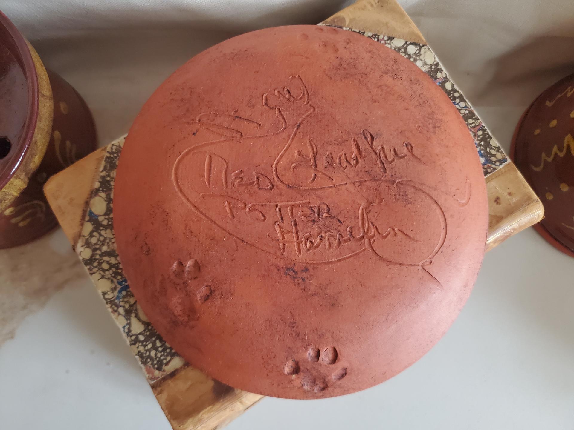 Redware 7 in. Plate, One-of-a-Kind with Slip Motif, Food Safe, Antiqued