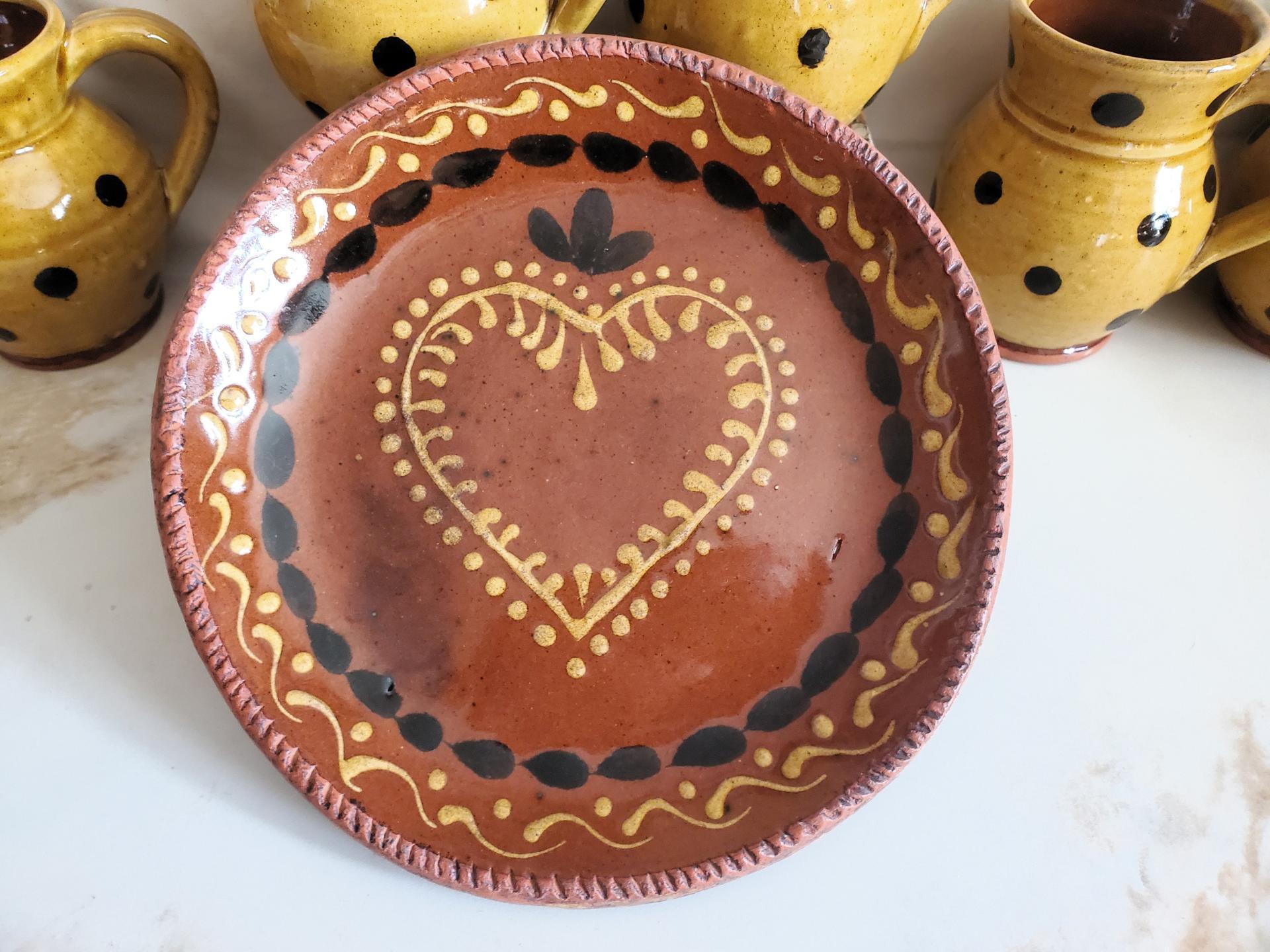 Redware 9 in. Plate, One-of-a-Kind, with Slip Motif, Food Safe, Antiqued