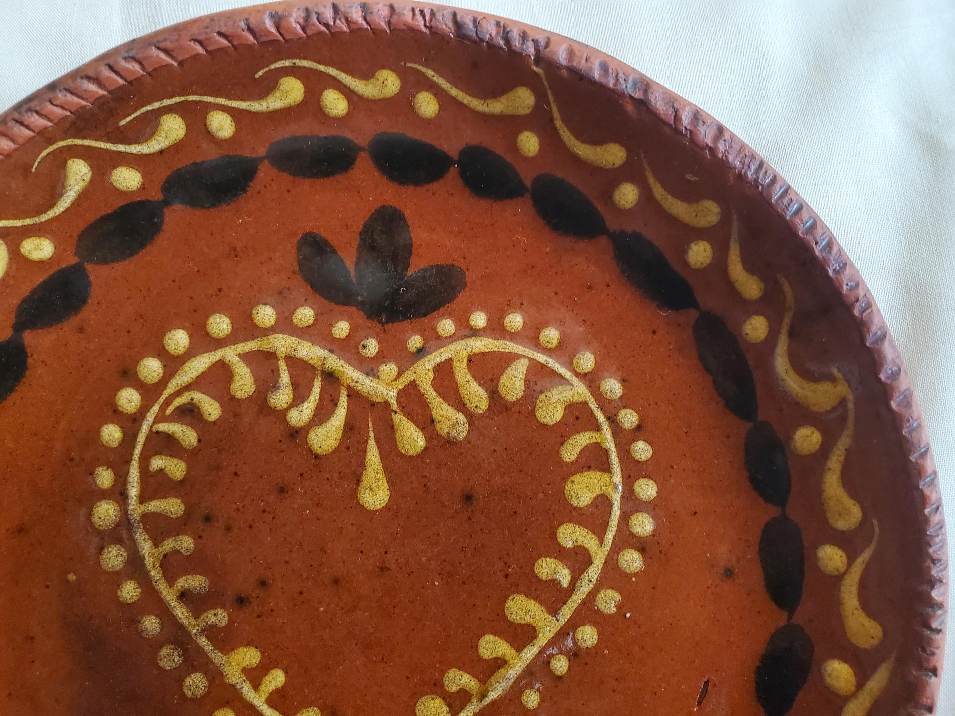 Redware 9 in. Plate, One-of-a-Kind, with Slip Motif, Food Safe, Antiqued