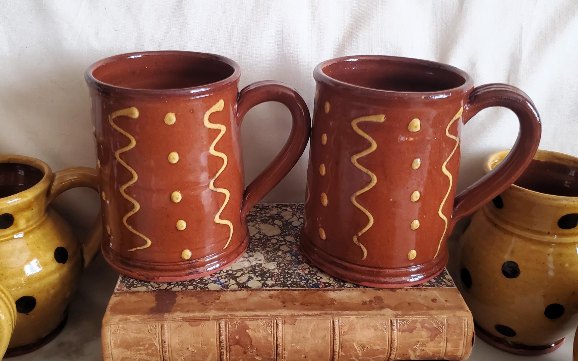 Handmade Redware Mugs (2) with Squiggles and Dots Pattern