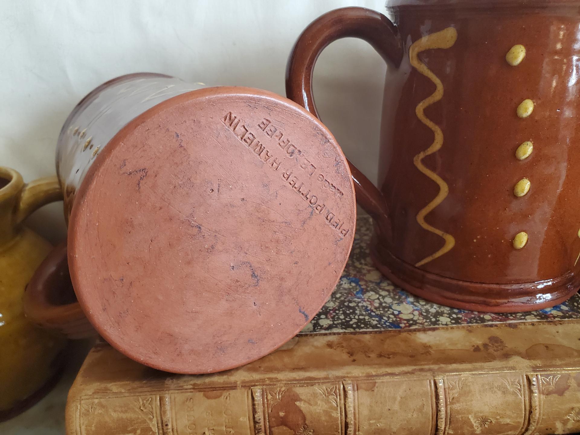 Handmade Redware Mugs (2) with Squiggles and Dots Pattern