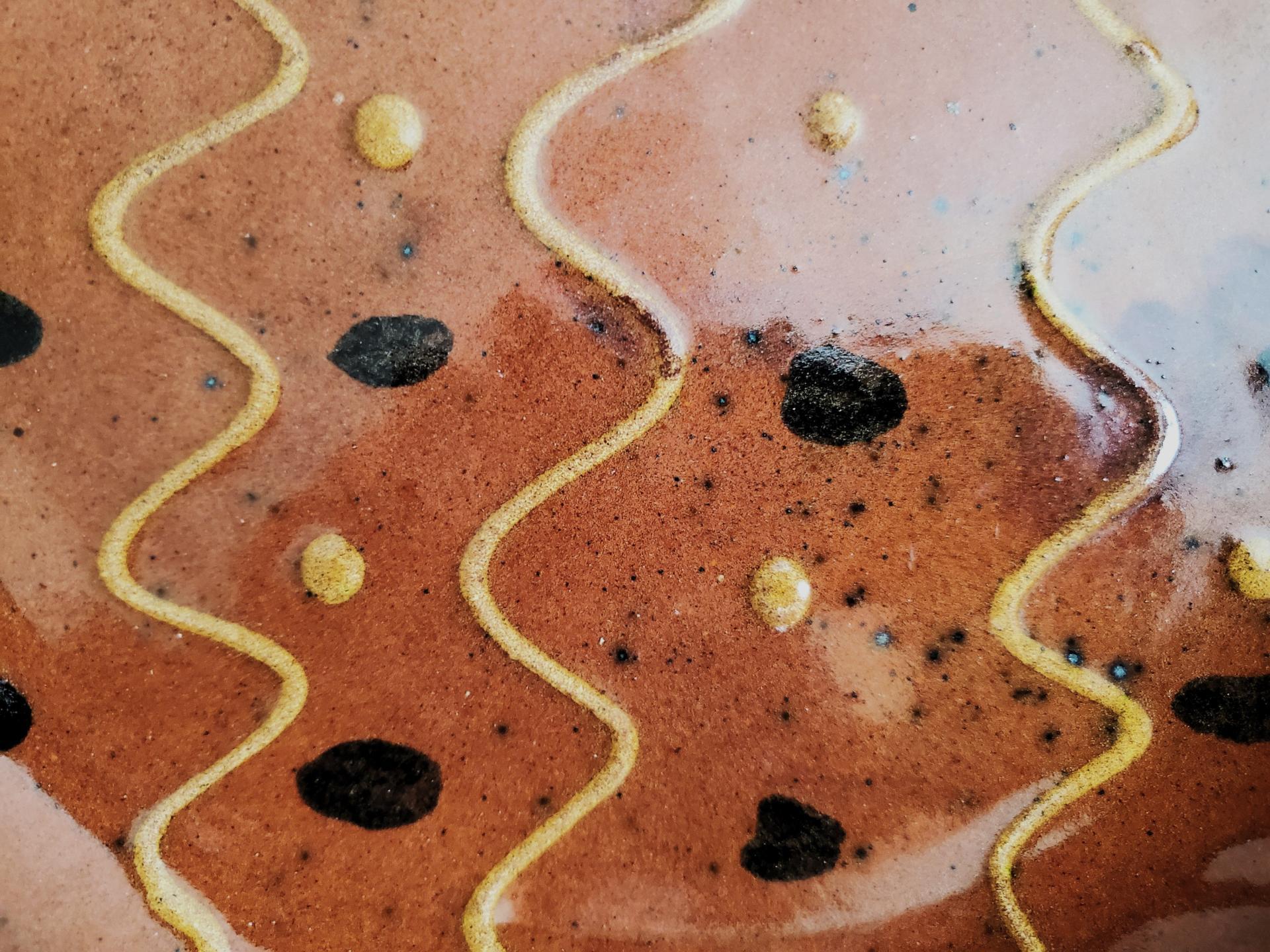 Redware 11 in. Plate, One-of-a-Kind Slip Motif, Food Safe, Antiqued