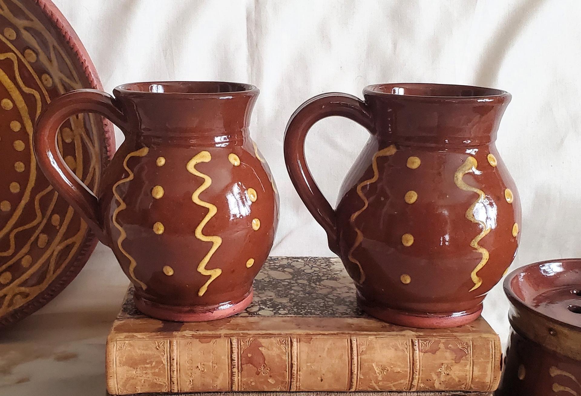 Redware Mugs (2) with Squiggles and Dots Pattern, Handmade