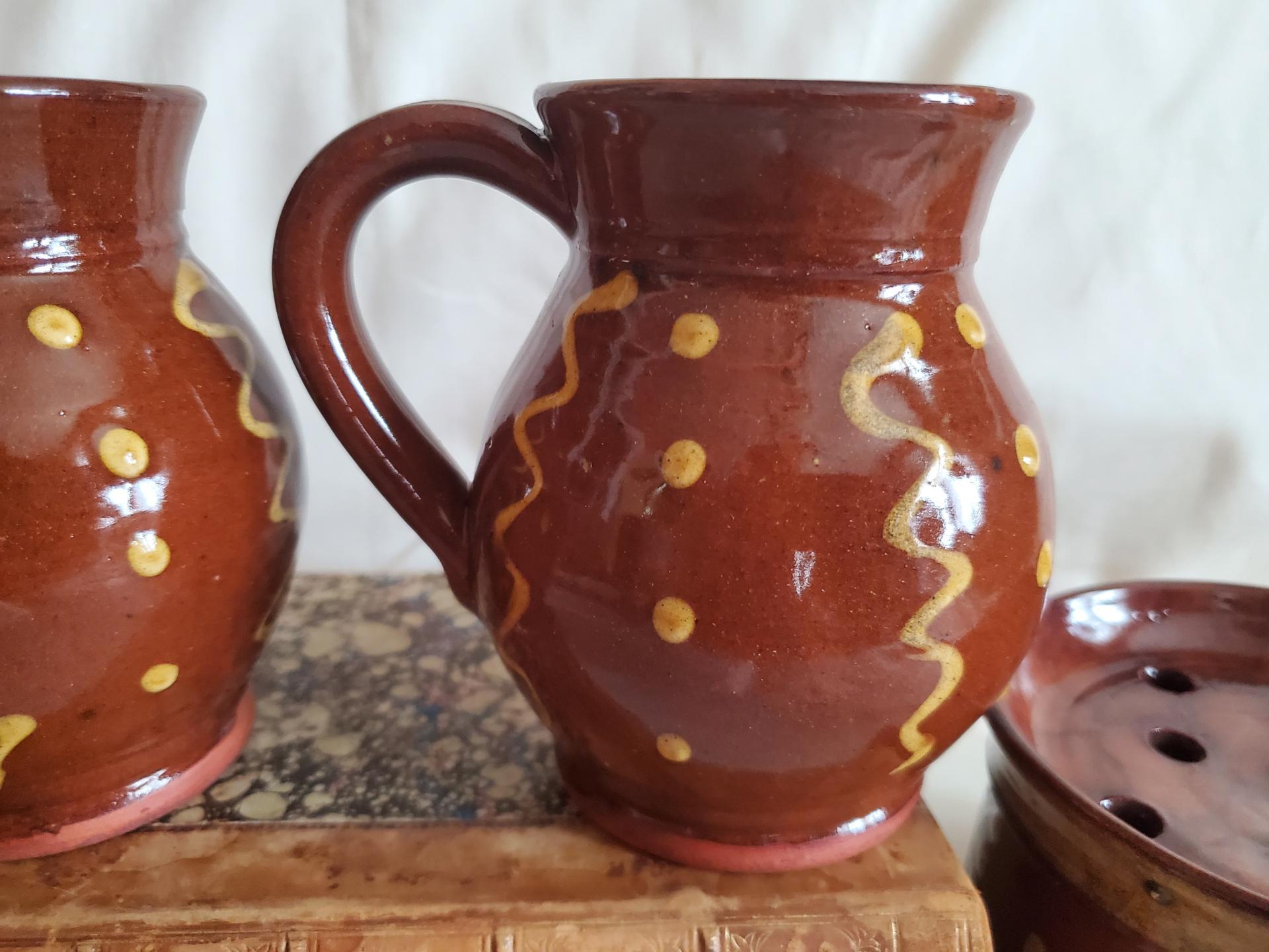 Redware Mugs (2) with Squiggles and Dots Pattern, Handmade