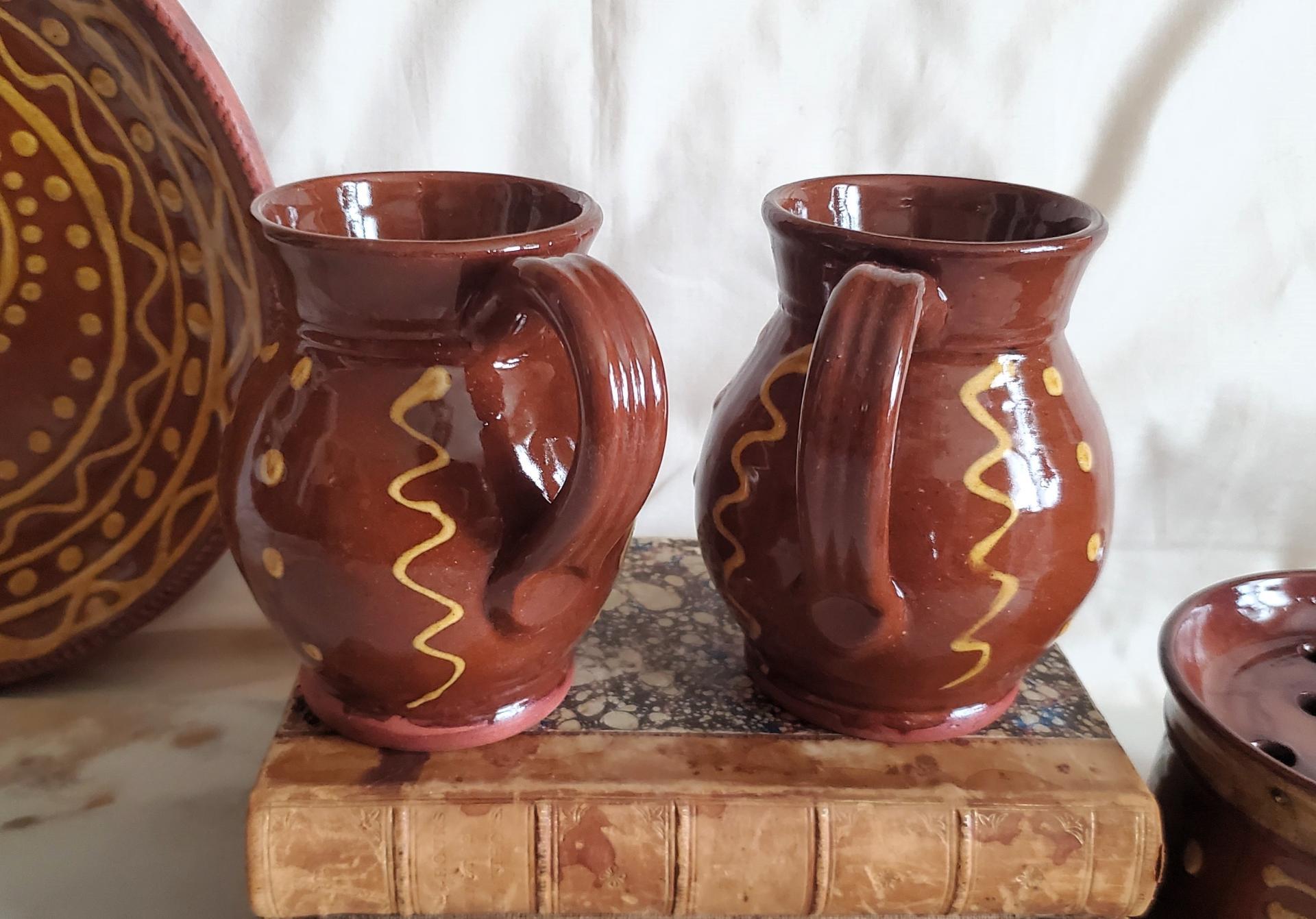 Redware Mugs (2) with Squiggles and Dots Pattern, Handmade
