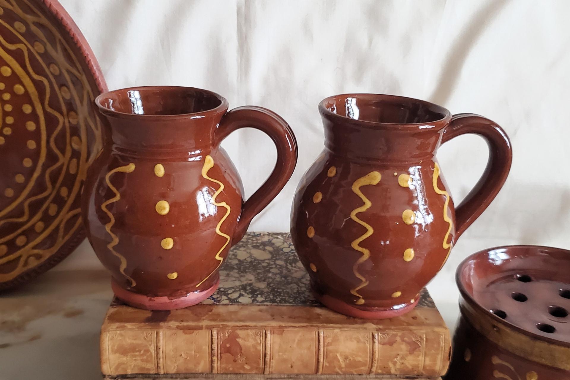 Redware Mugs (2) with Squiggles and Dots Pattern, Handmade