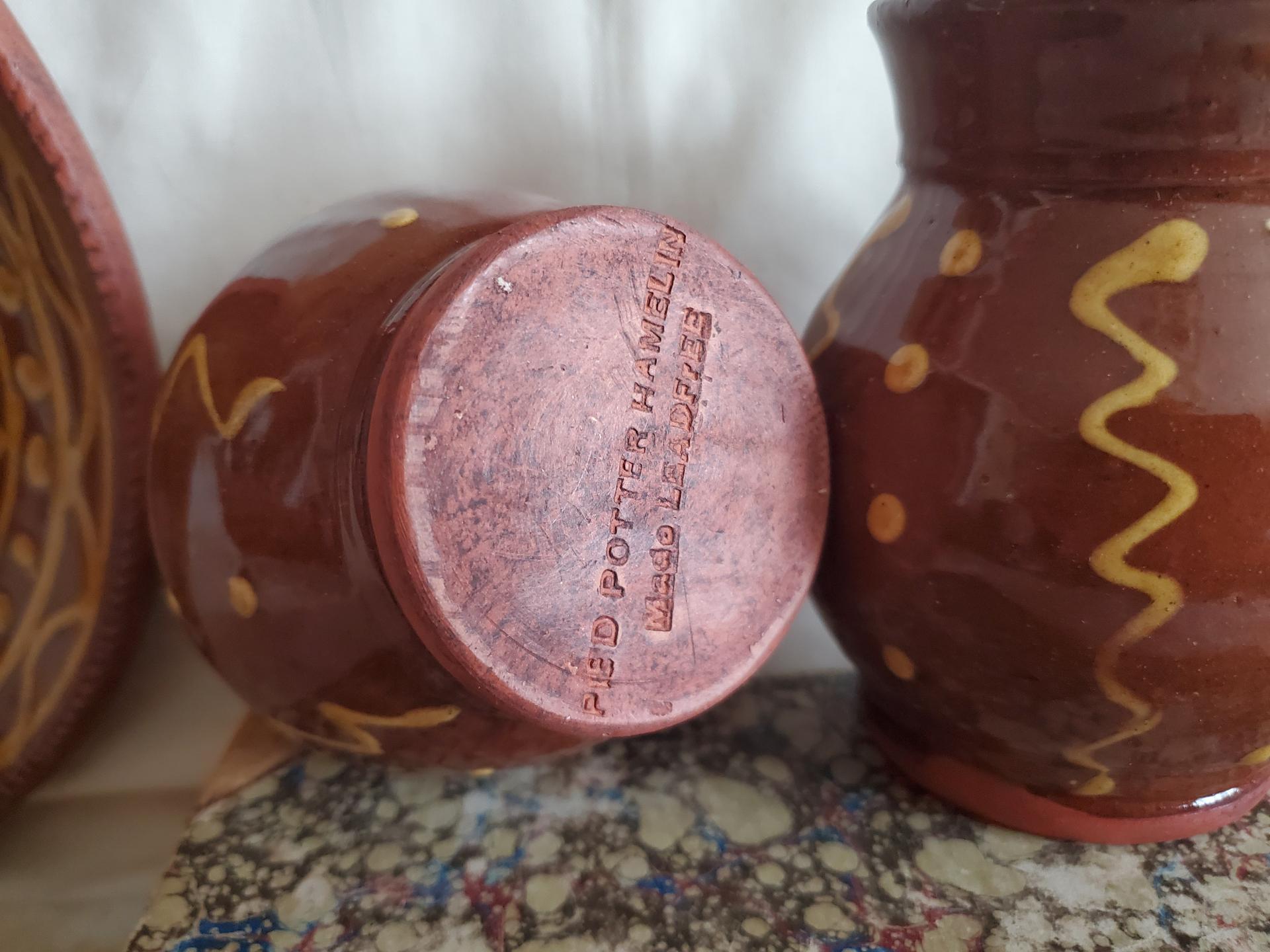 Redware Mugs (2) with Squiggles and Dots Pattern, Handmade
