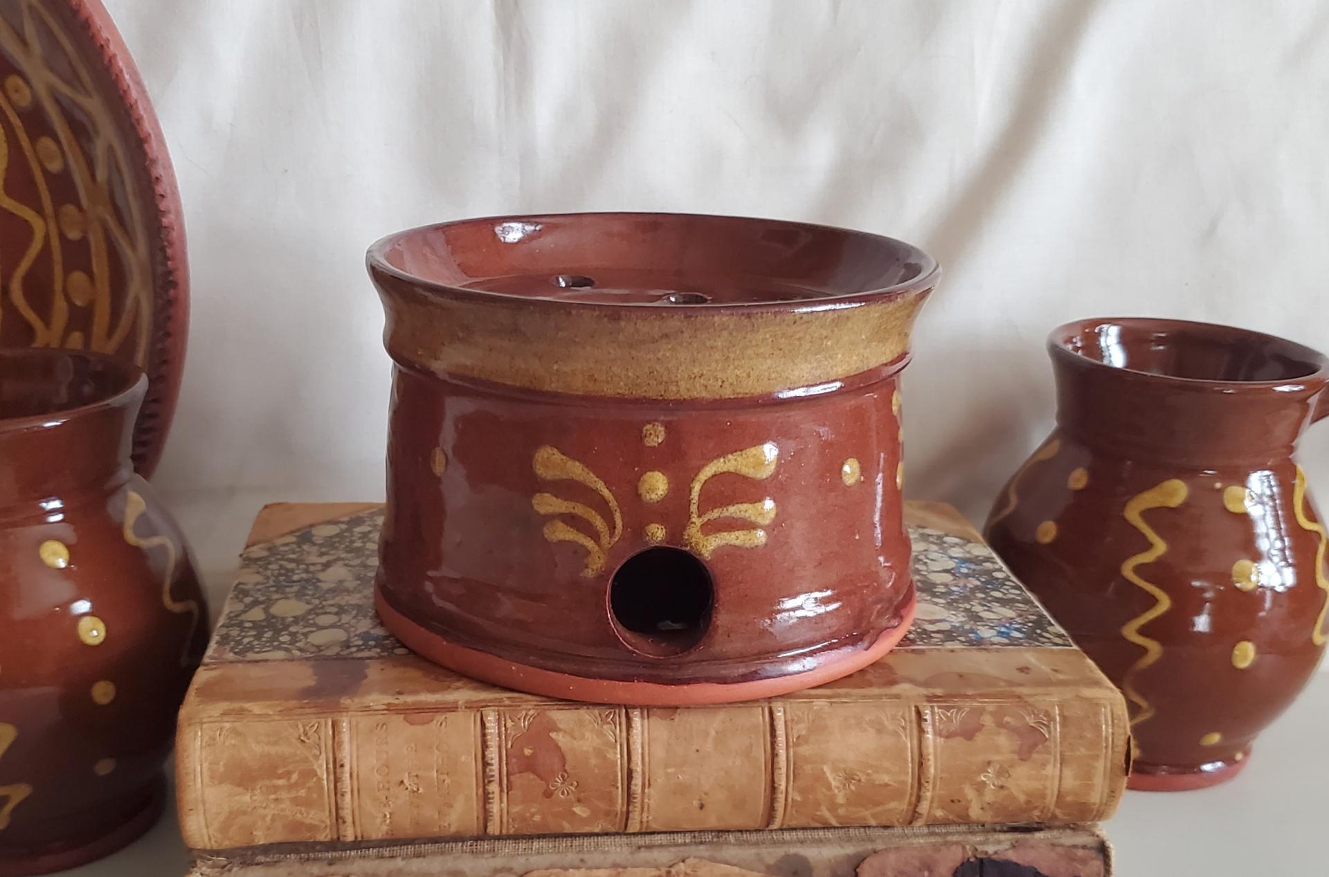 Handmade Redware Soap Dish with Feather Motif