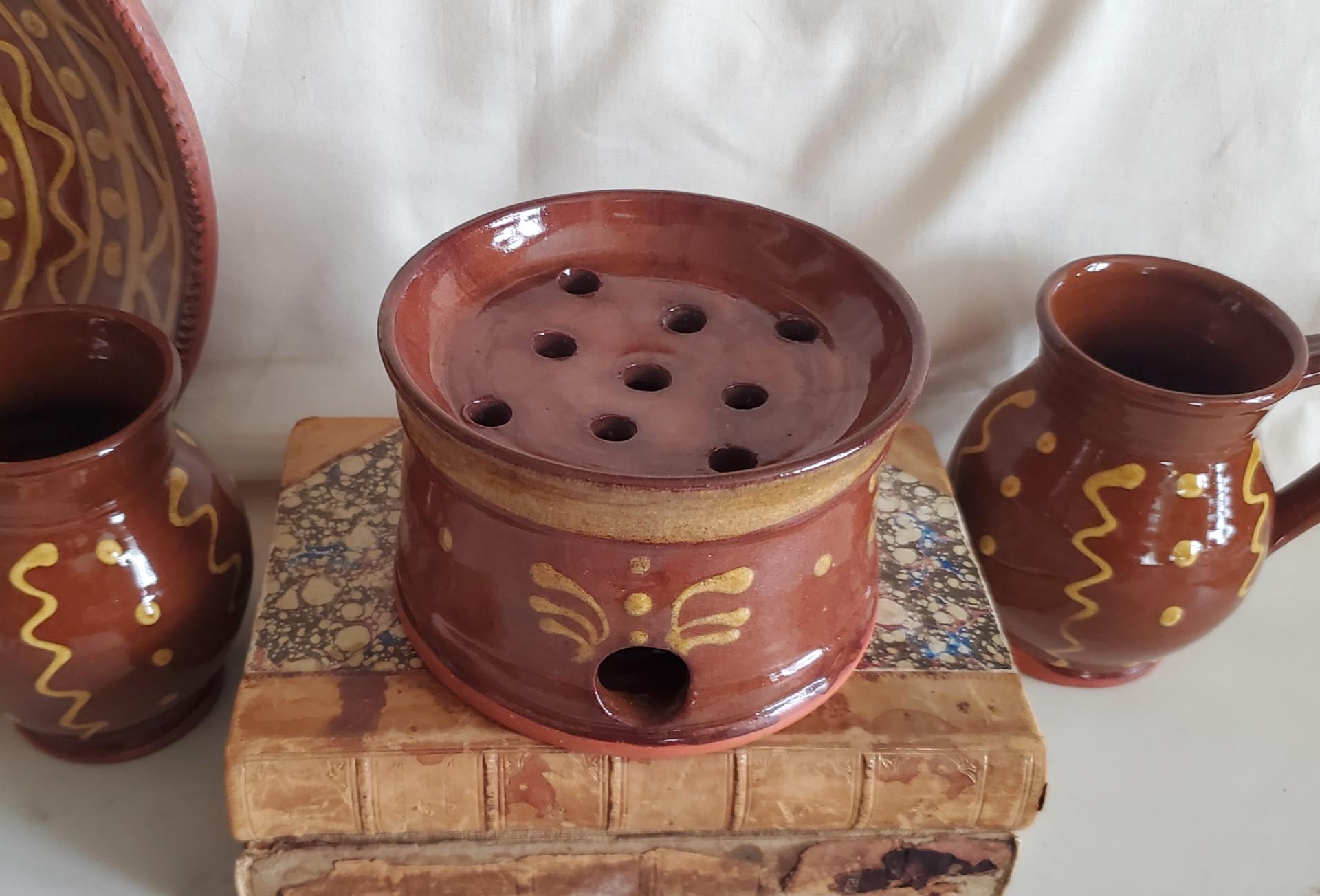 Handmade Redware Soap Dish with Feather Motif