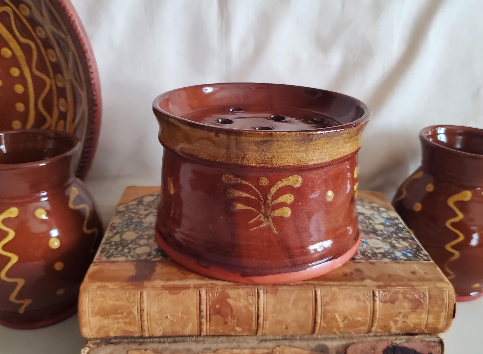 Handmade Redware Soap Dish with Feather Motif