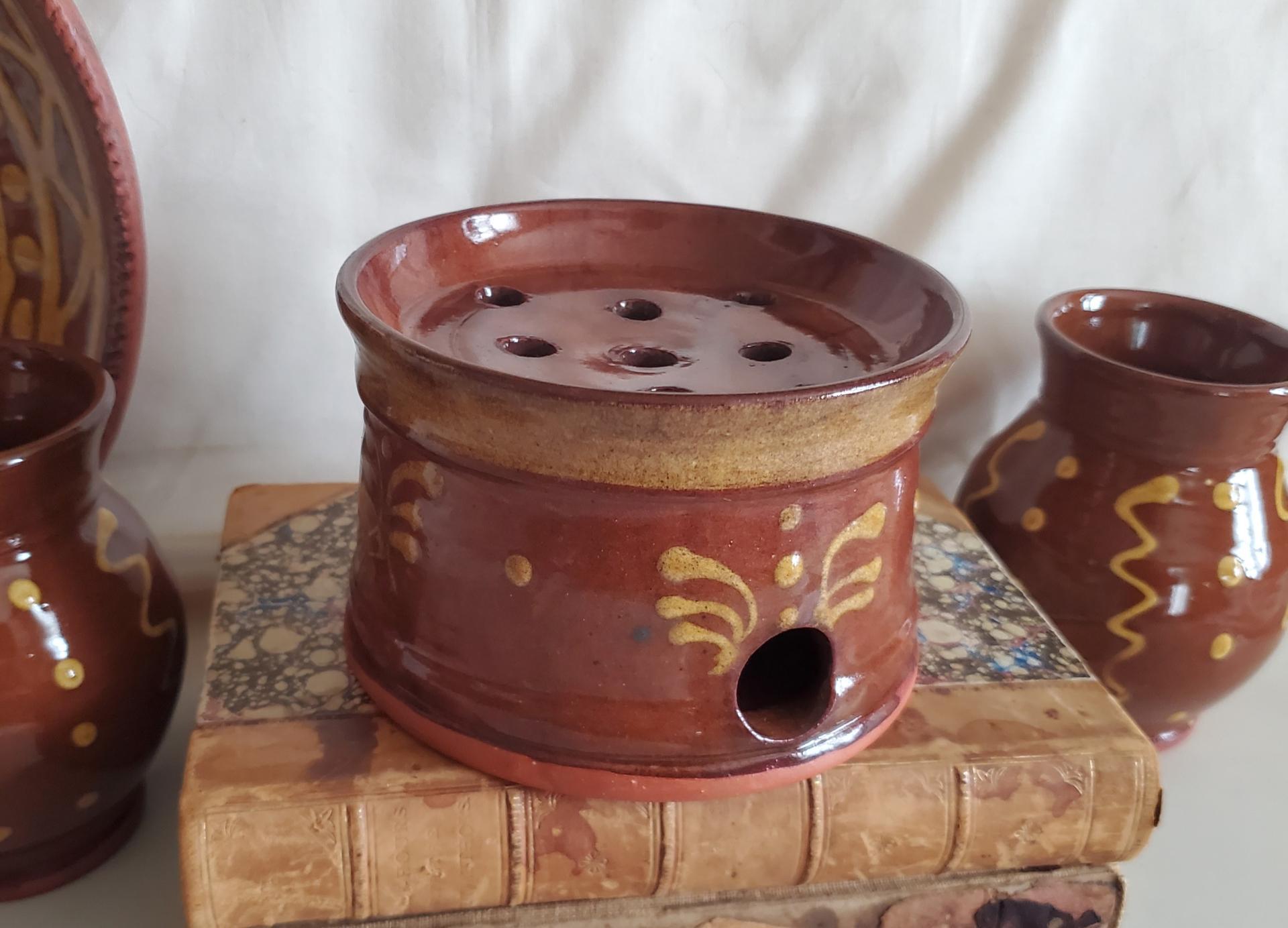 Handmade Redware Soap Dish with Feather Motif