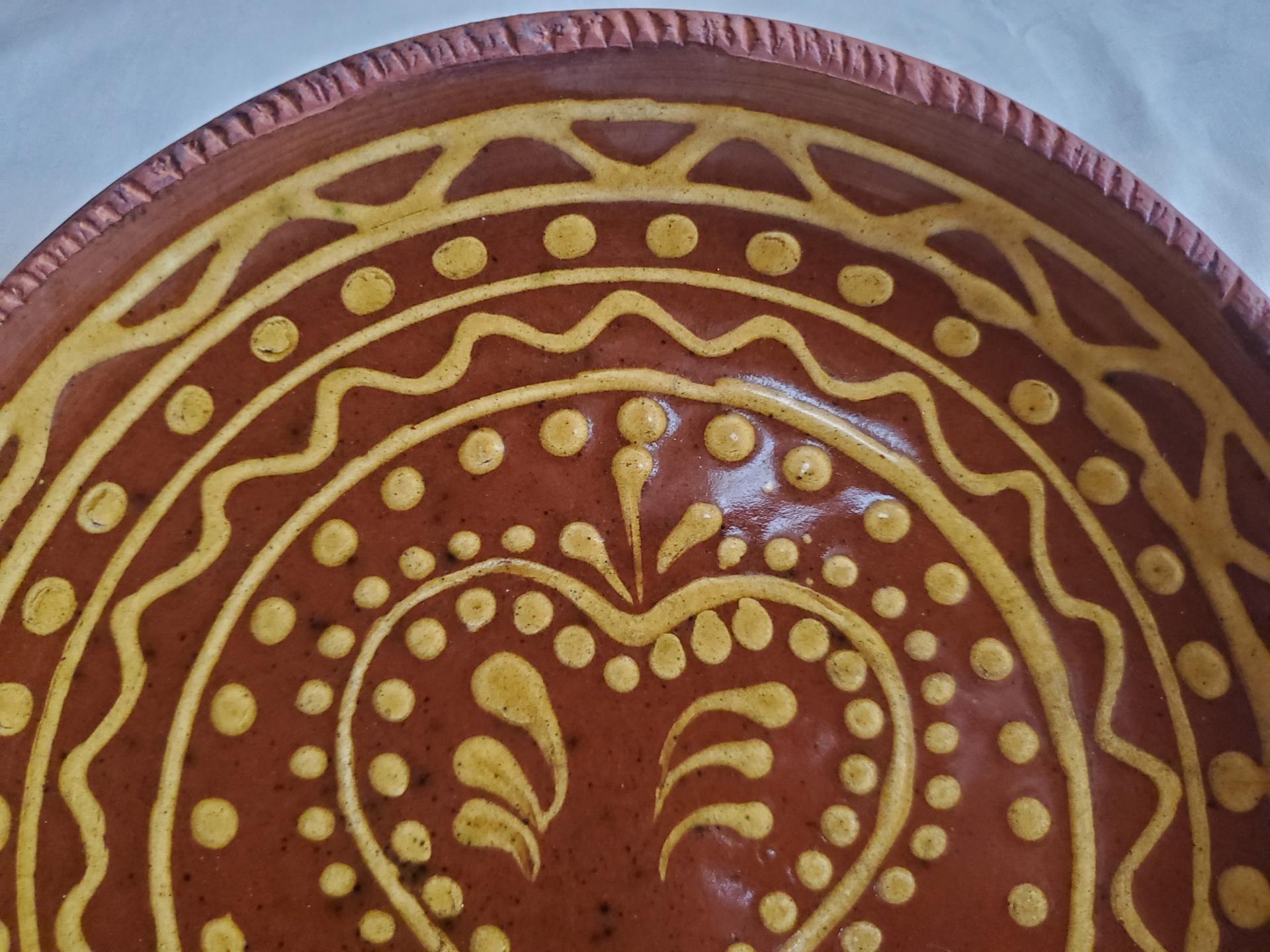 Redware 11 in. Plate, One-of-a-Kind Slip Motif, Antiqued