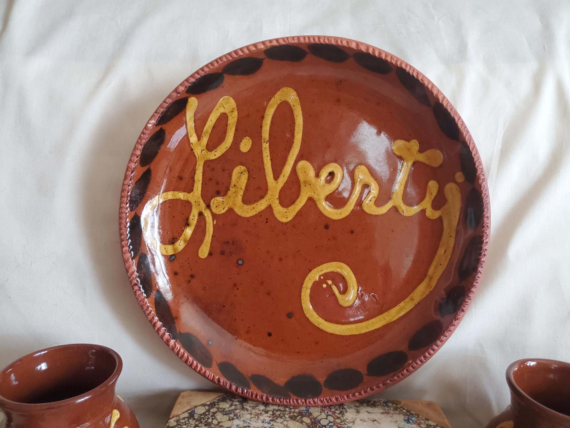 Redware 11 in. Plate, One-of-a-Kind "Liberty" Slip Motif, Antiqued