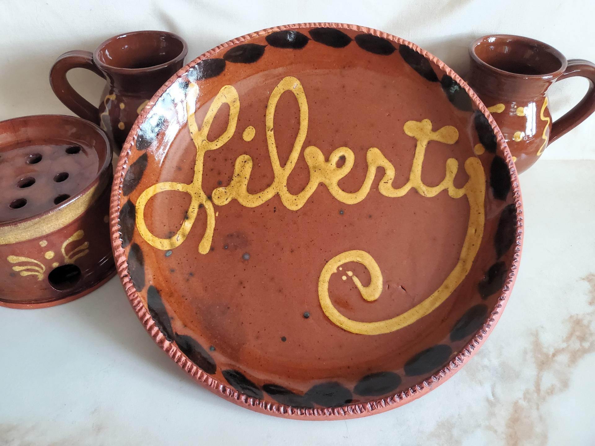 Redware 11 in. Plate, One-of-a-Kind "Liberty" Slip Motif, Antiqued