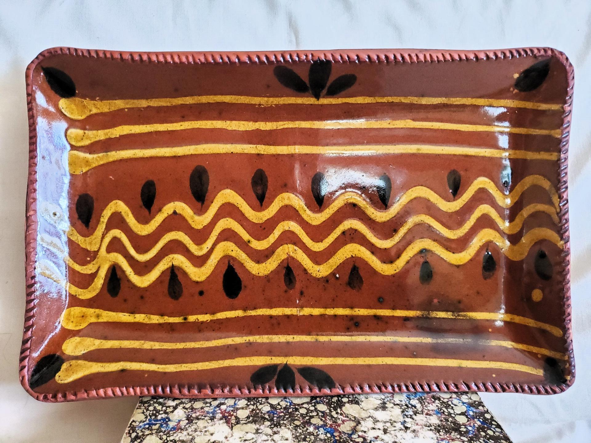 Rectangular Redware Platter with Traditional Slip Pattern