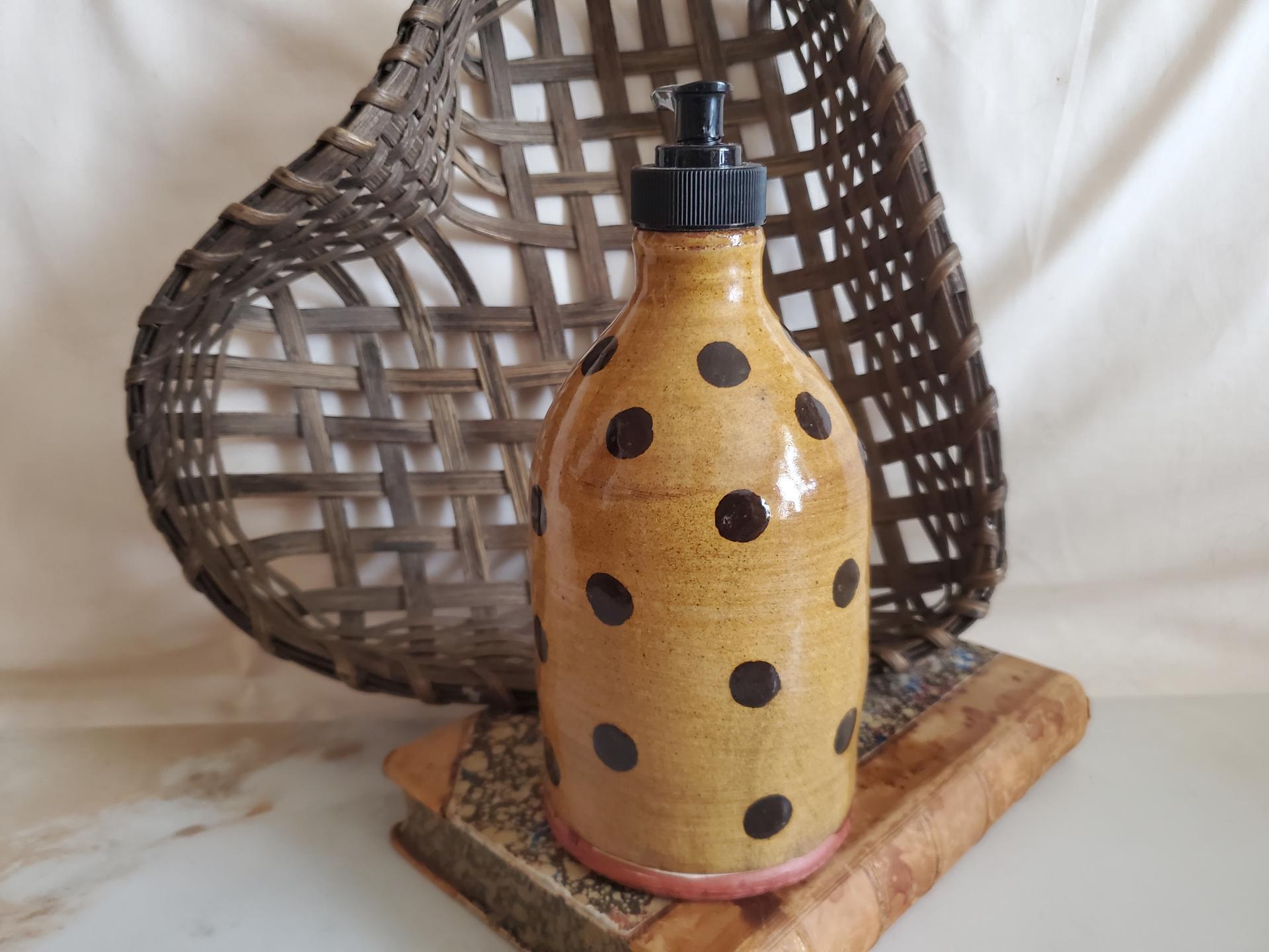 Redware Soap or Lotion Dispenser Bottle with Black Dots