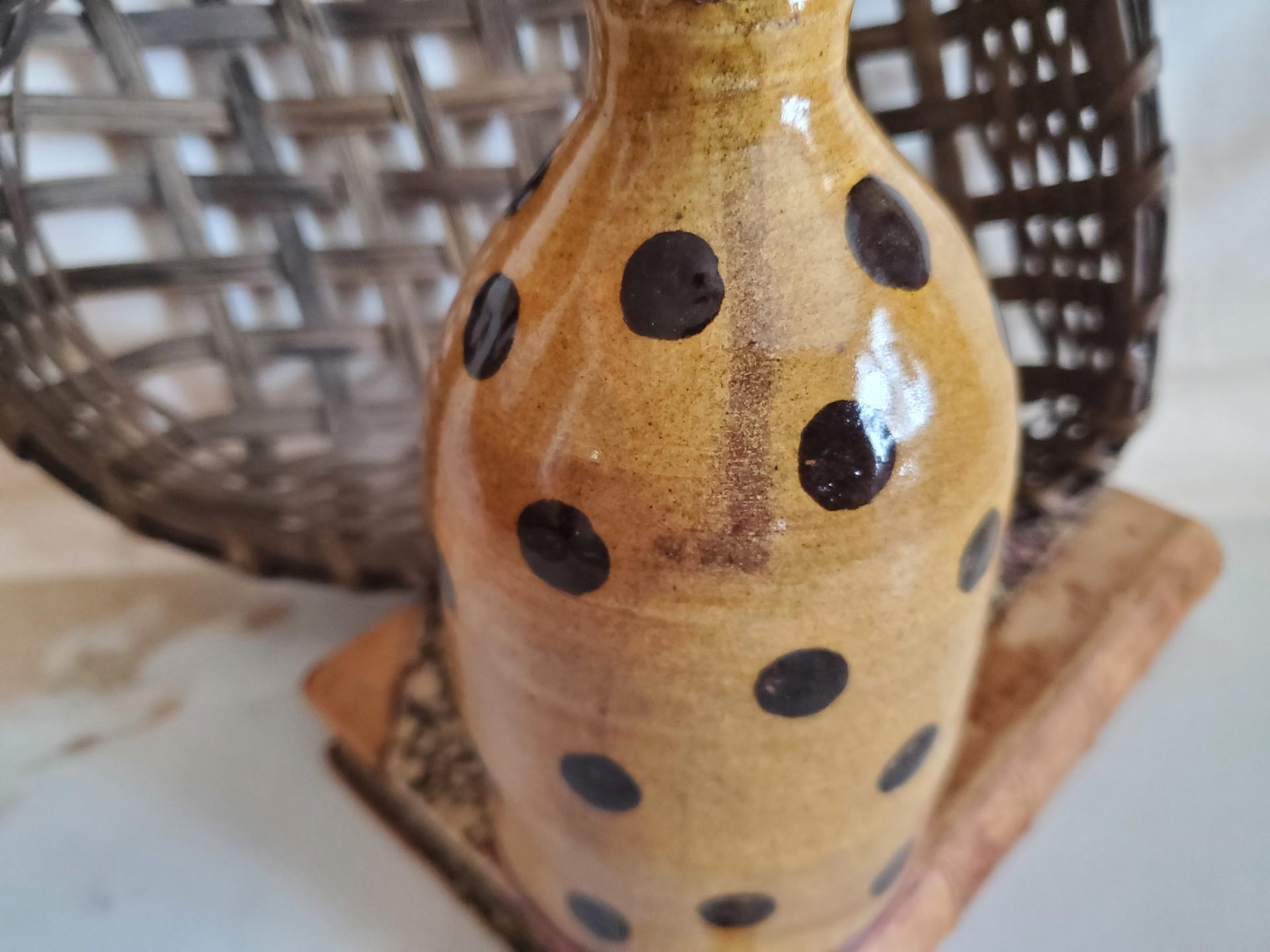 Redware Soap or Lotion Dispenser Bottle with Black Dots