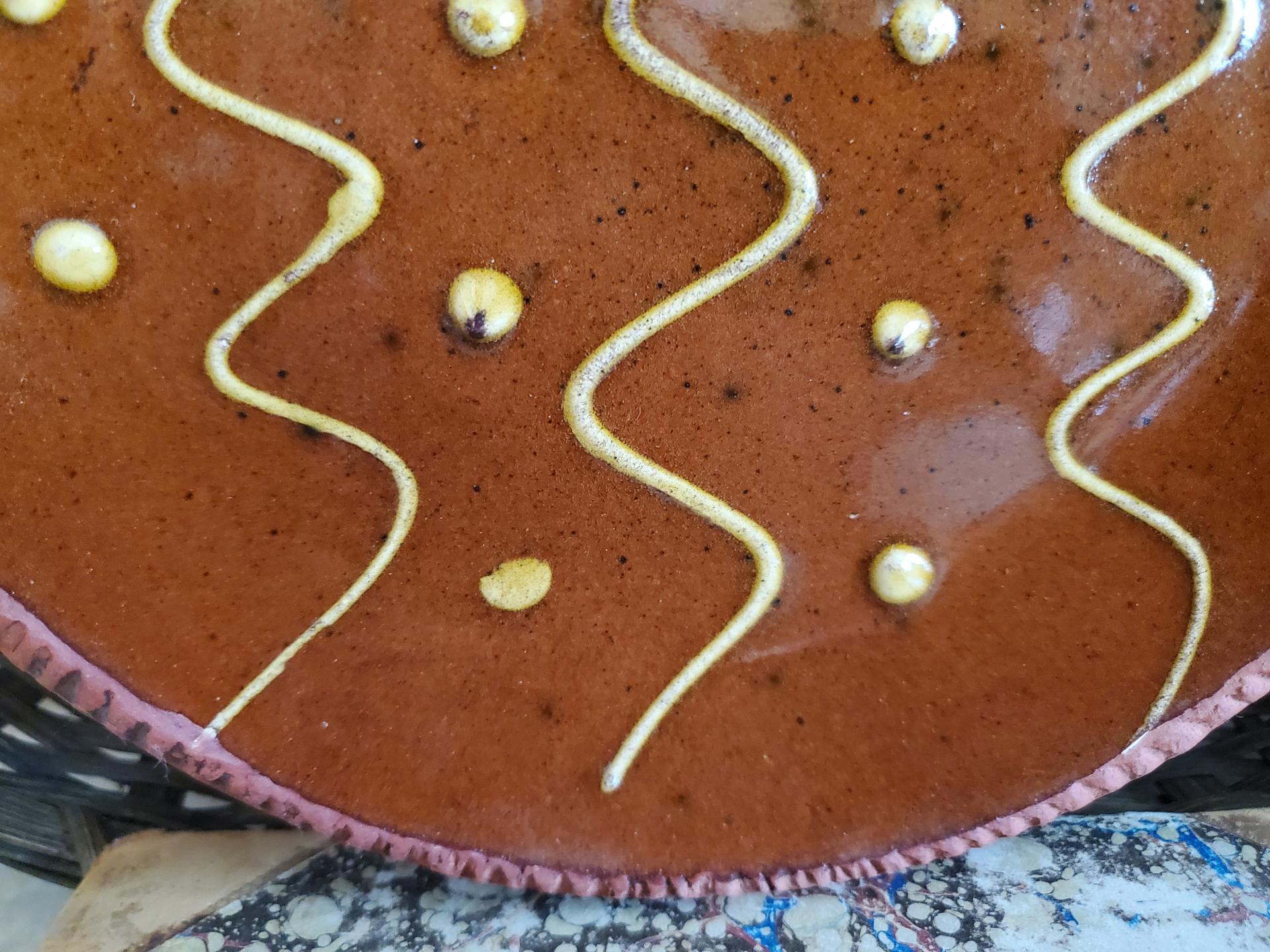 Redware 9 in. Plate, Squiggles and Dots Pattern, Antiqued