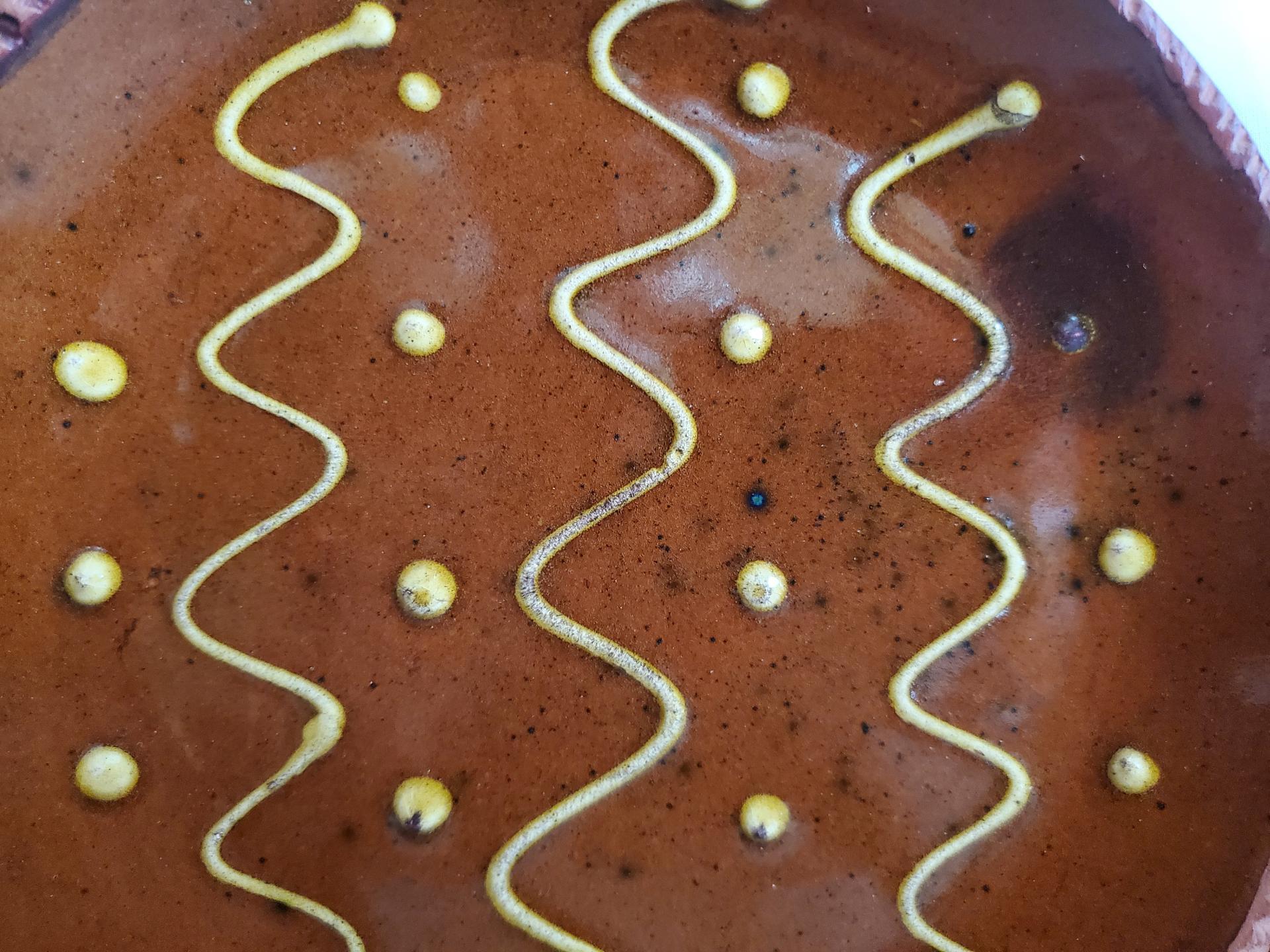 Redware 9 in. Plate, Squiggles and Dots Pattern, Antiqued