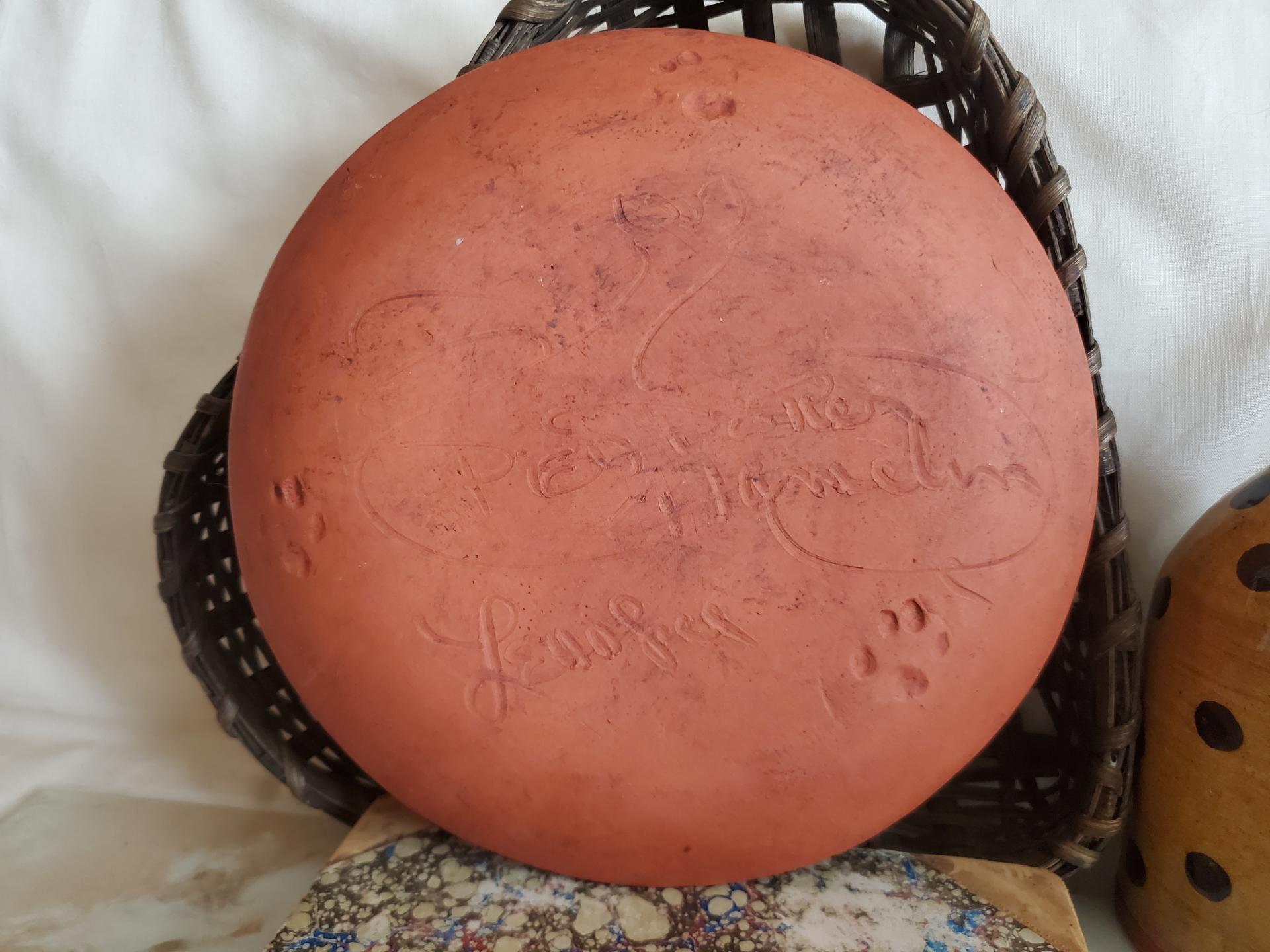 Redware 9 in. Plate, Squiggles and Dots Pattern, Antiqued