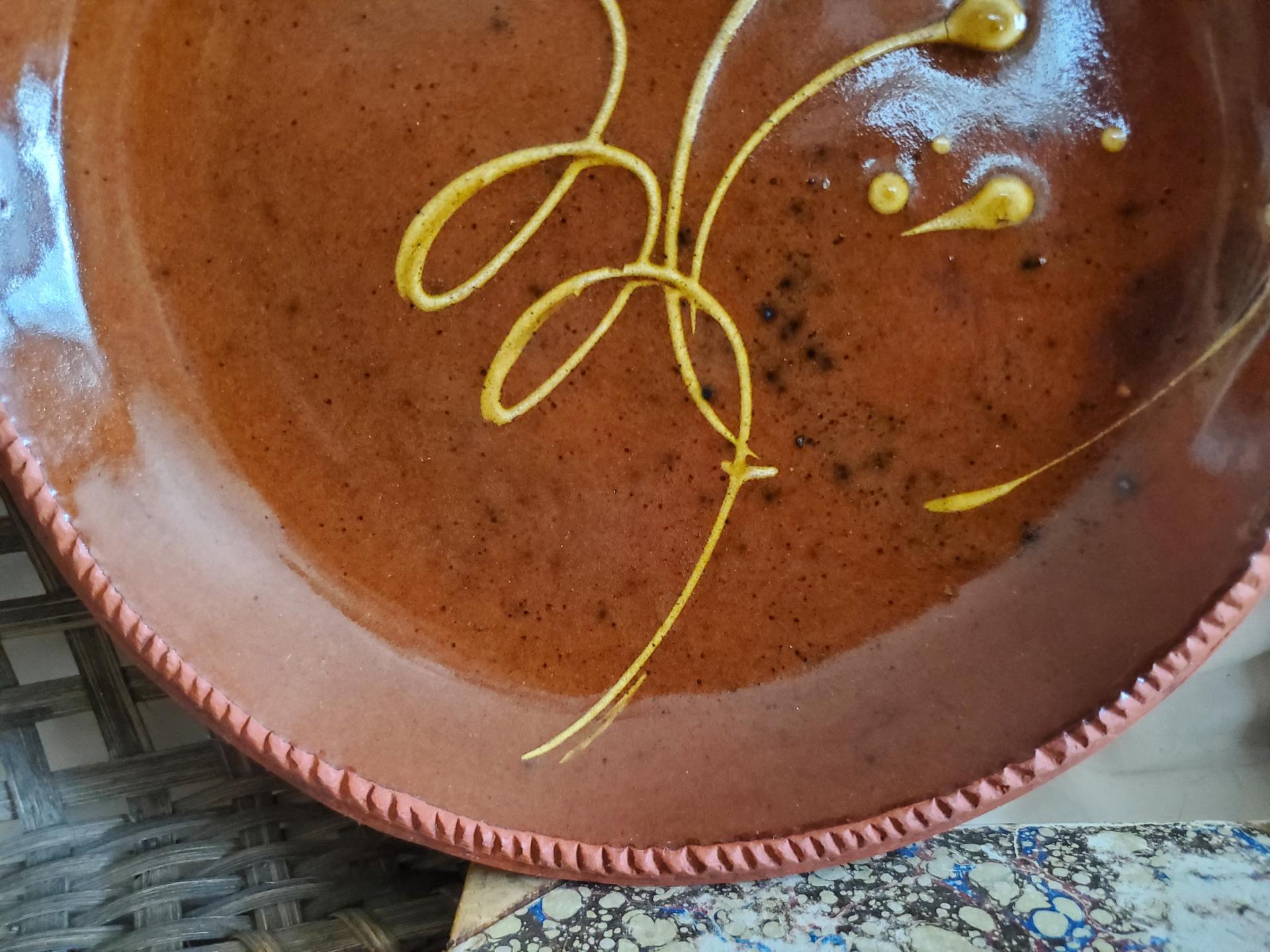 Redware 11 in. Plate with Feather Motif, Antiqued