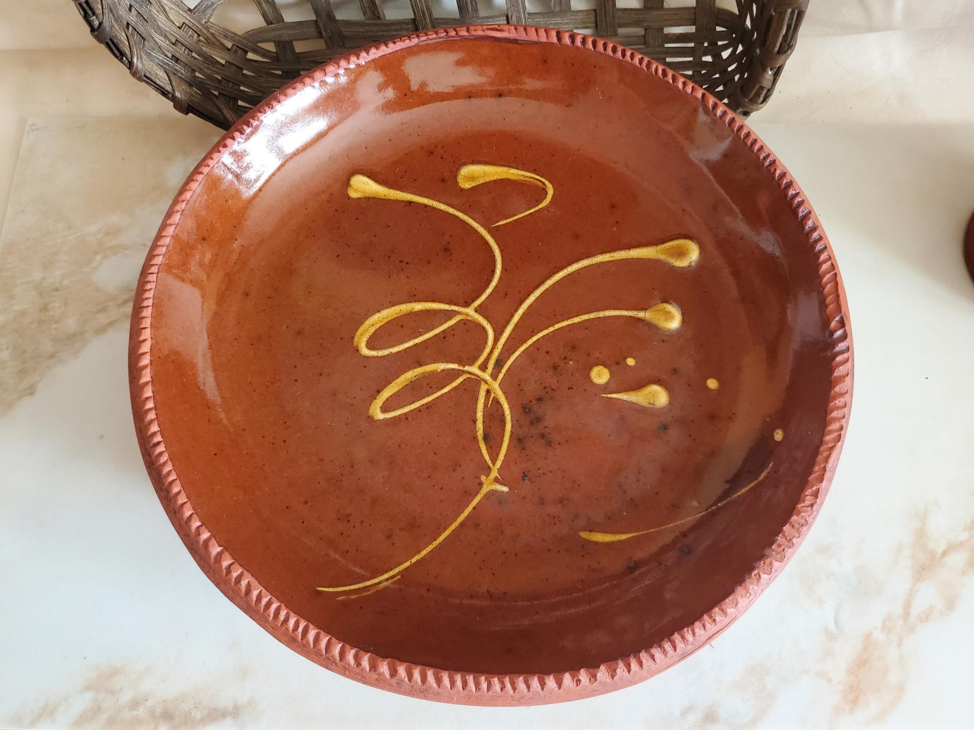 Redware 11 in. Plate with Feather Motif, Antiqued