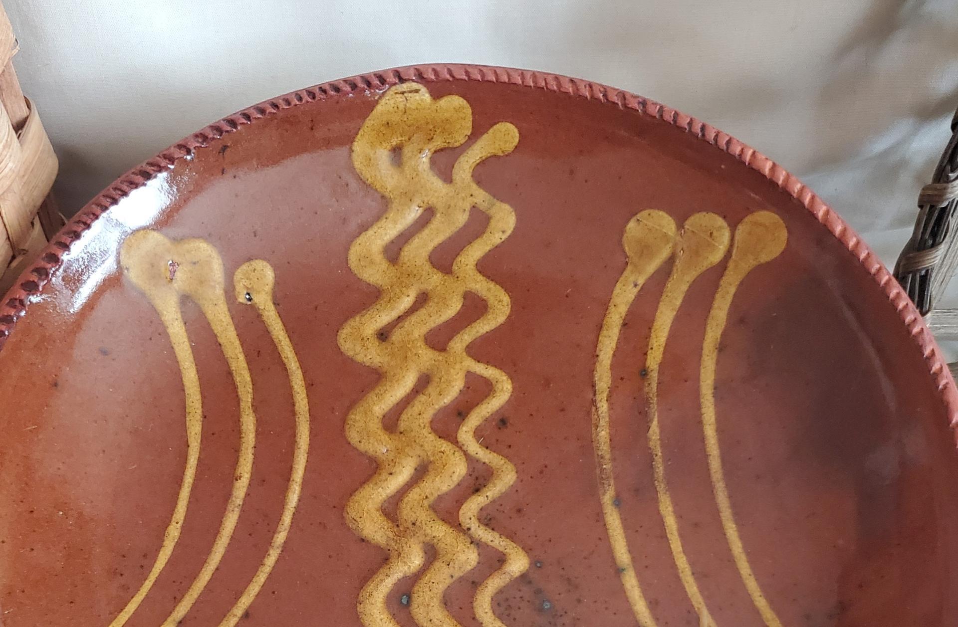 Redware 11 in. Plate, One-of-a-Kind Traditional Slip Motif, Antiqued