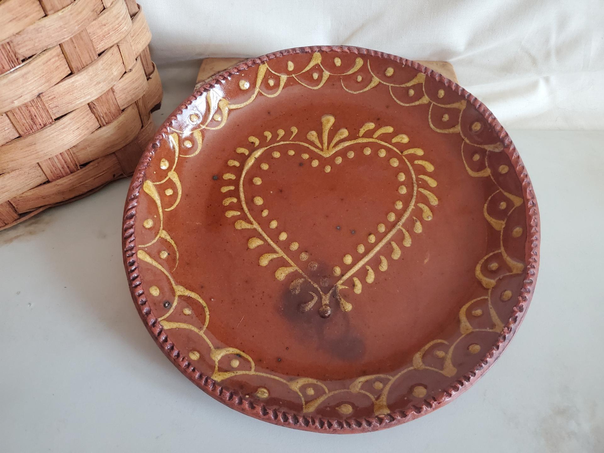 Redware 9 in. Plate, Heart Motif, Antiqued, Lead Free Glaze