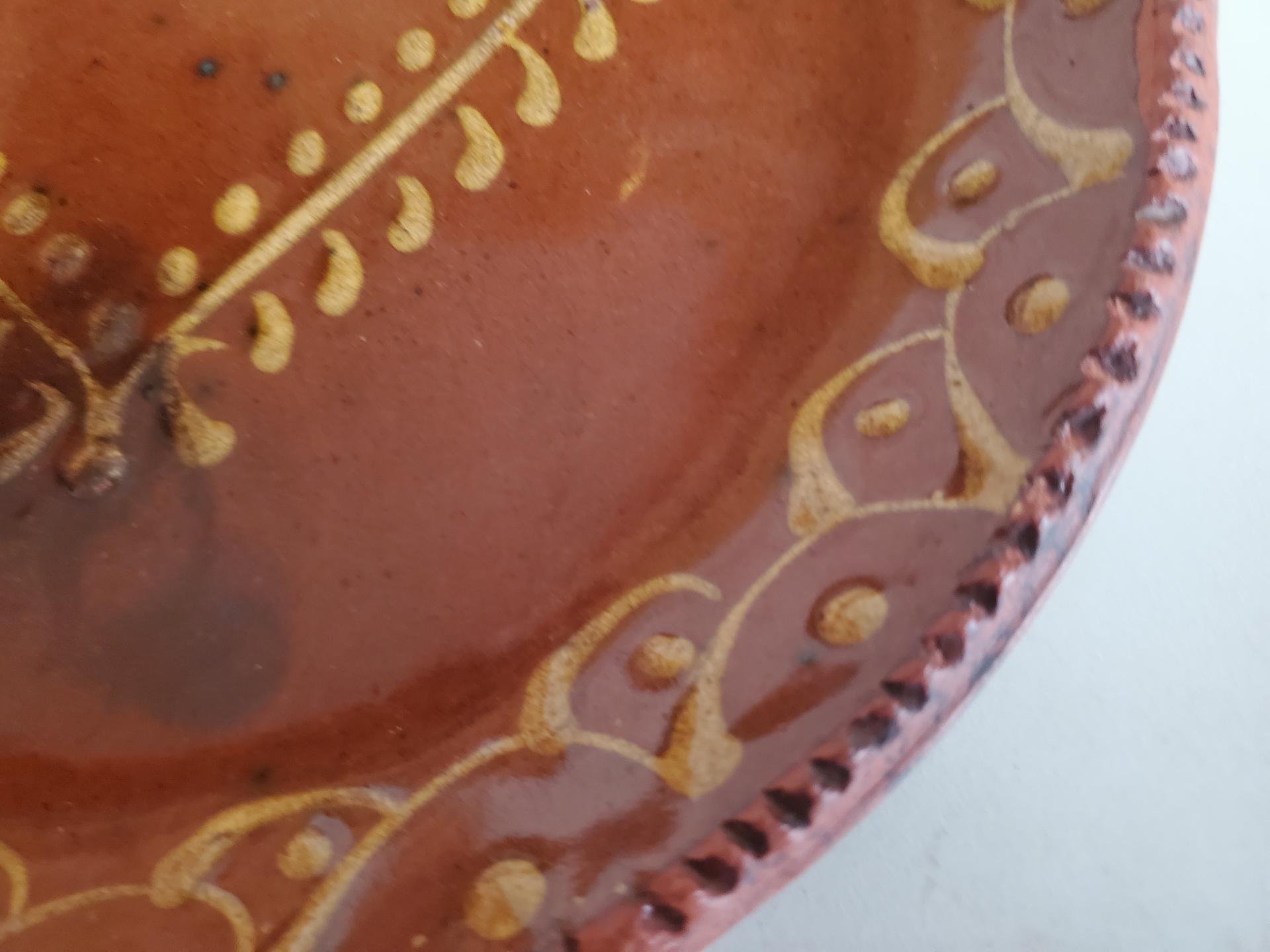 Redware 9 in. Plate, Heart Motif, Antiqued, Lead Free Glaze